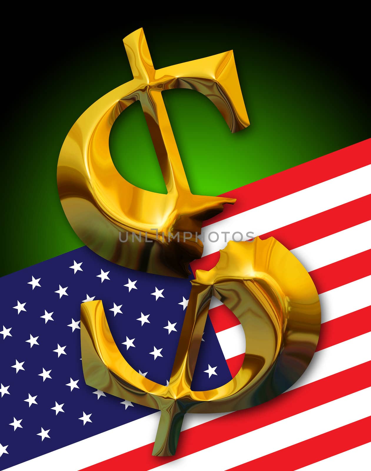 Financial crisis. Broken gold dollar on american flag background