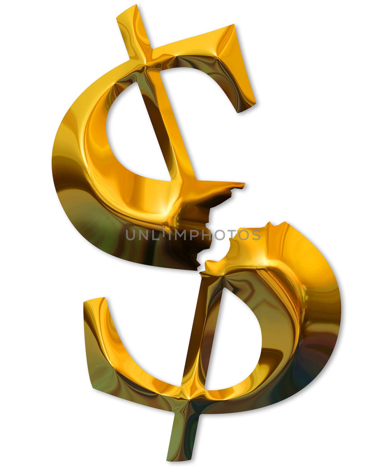 Financial crisis. Broken gold dollar on white background