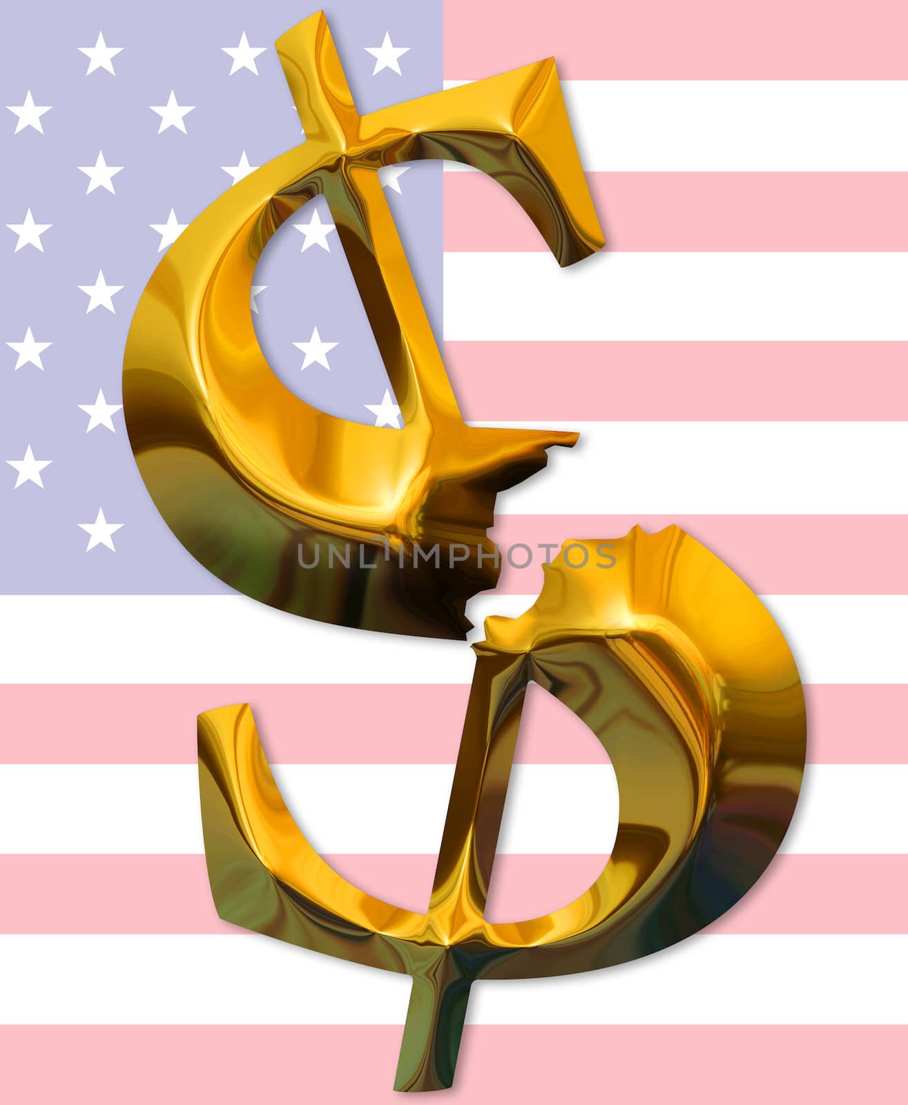 Financial crisis. Broken gold dollar on american flag background