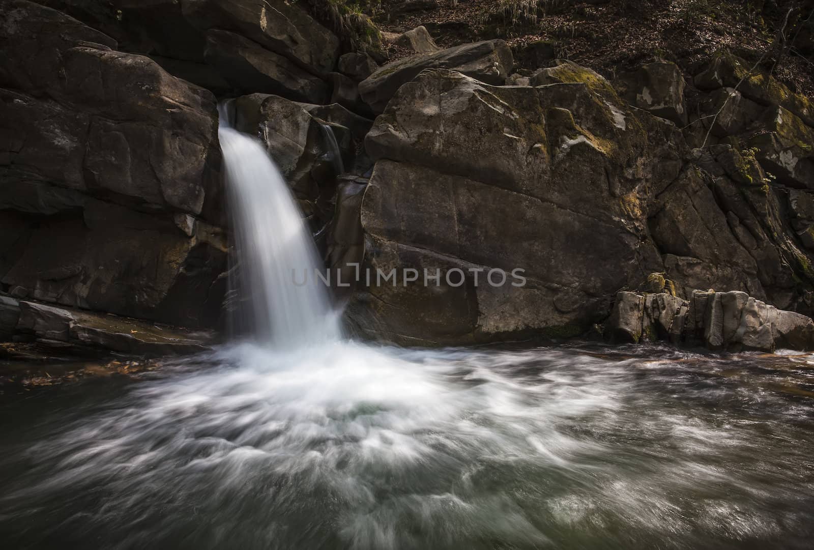 Motion blur waterfall nature landscape with rocks and flowing water