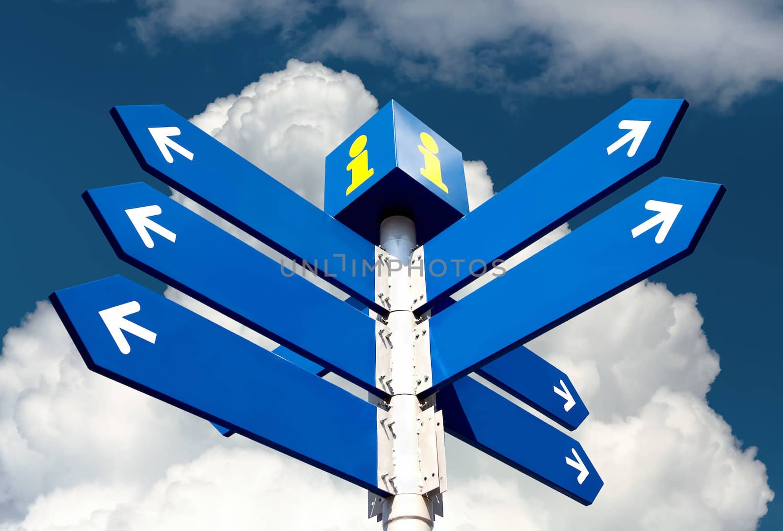 Blank directional road signs over cloudy sky