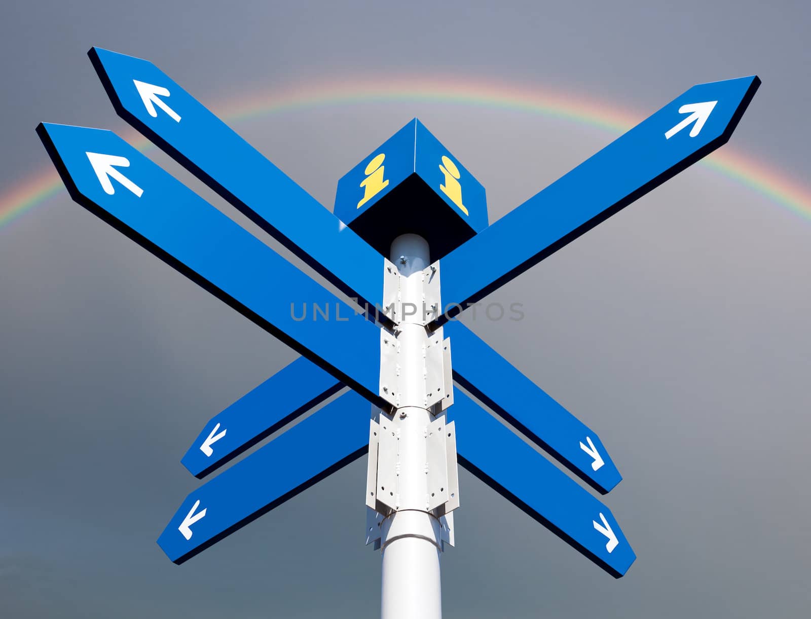 Blank directional road signs on rainbow background