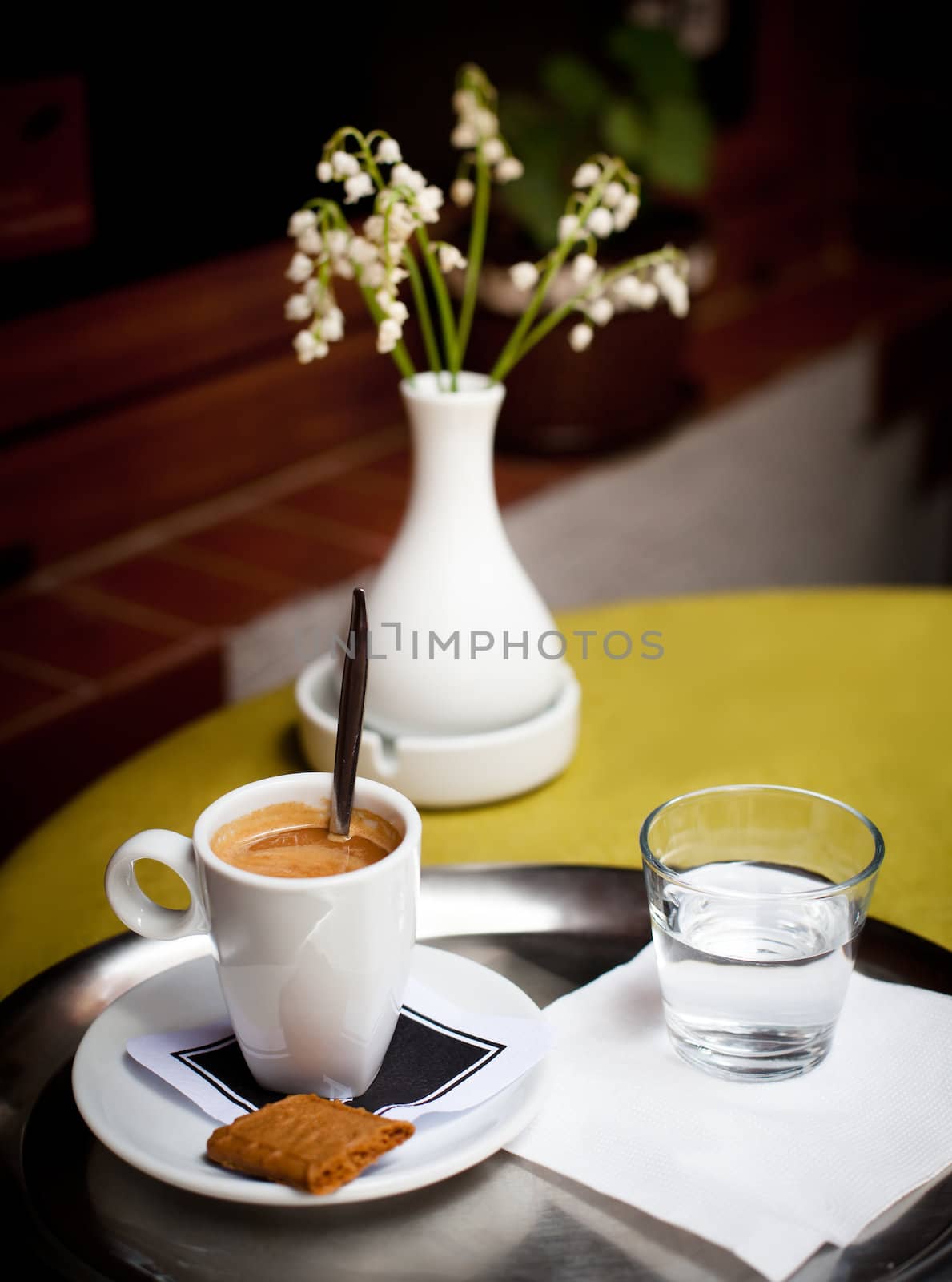 Cup of coffee and a glass of water