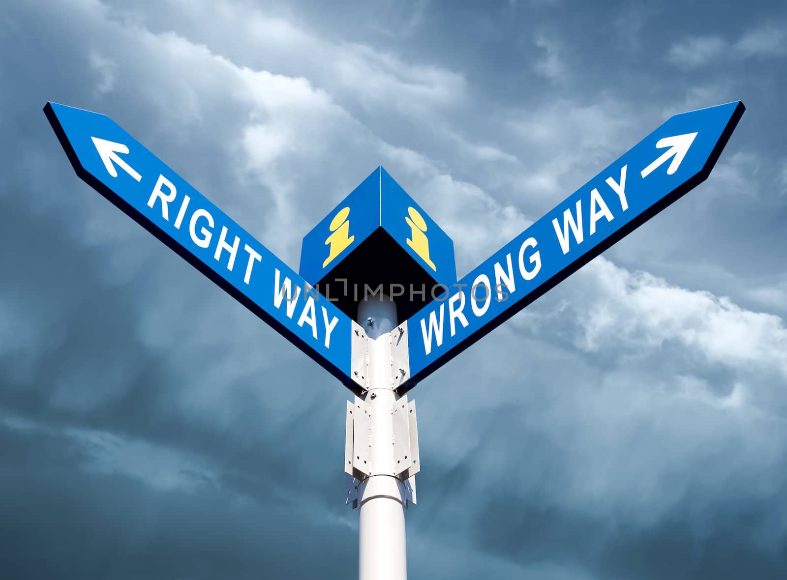 Wrong Way and Right Way Traffic Sign On Sky Background
