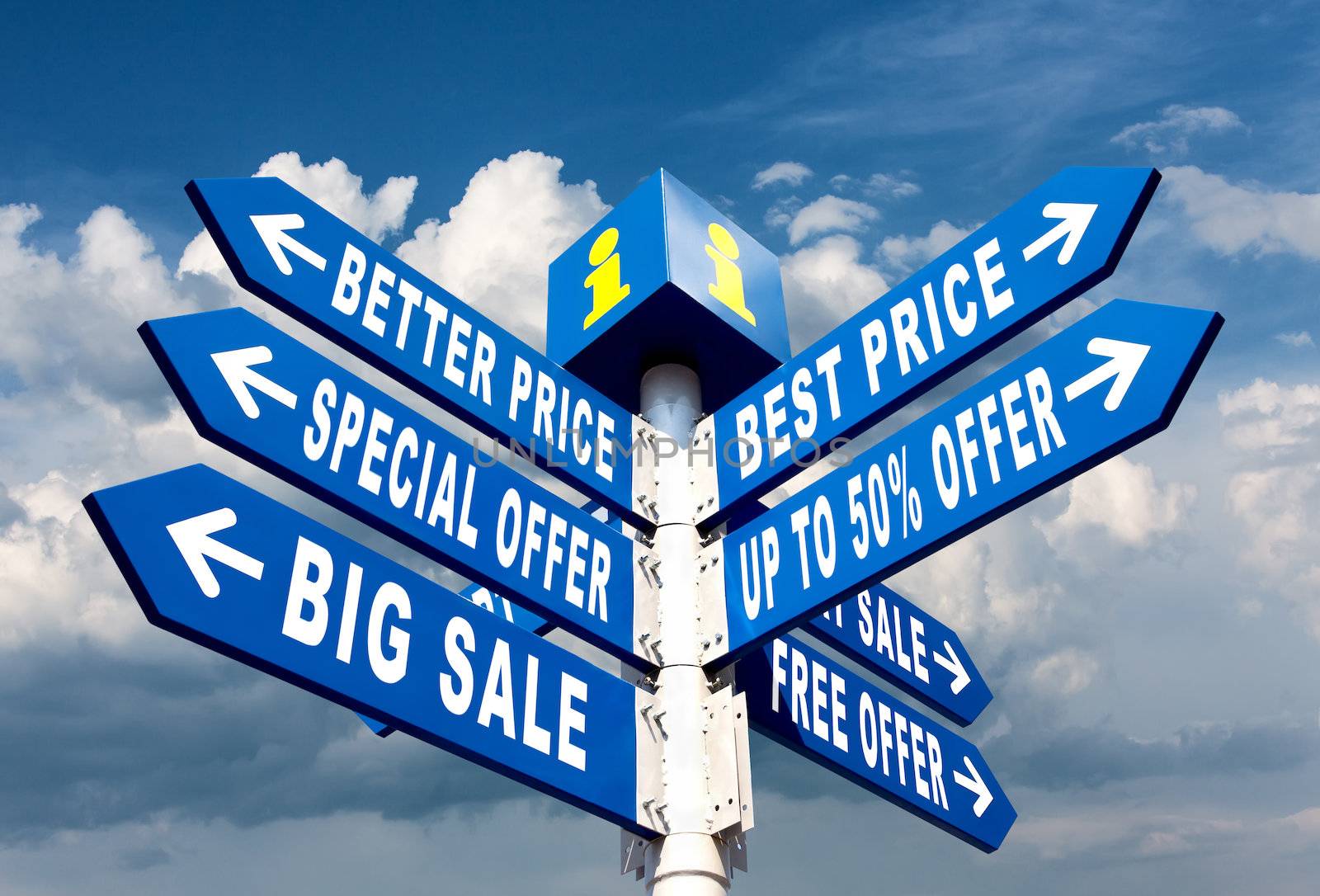 Big Sale, Better Price and Special Offer Directional Road Signs on sky background