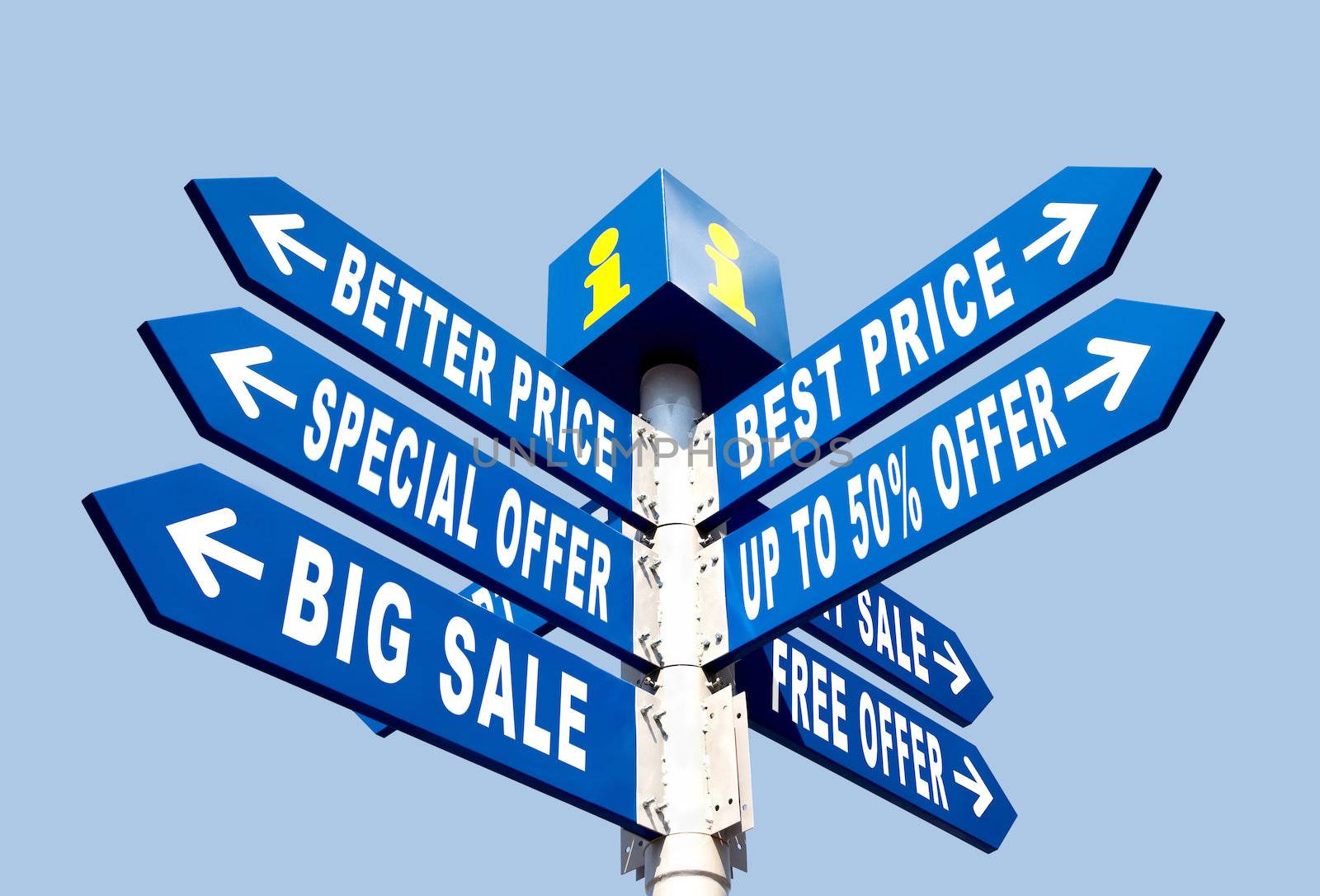 Big Sale, Better Price and Special Offer Directional Road Signs on Blue Sky