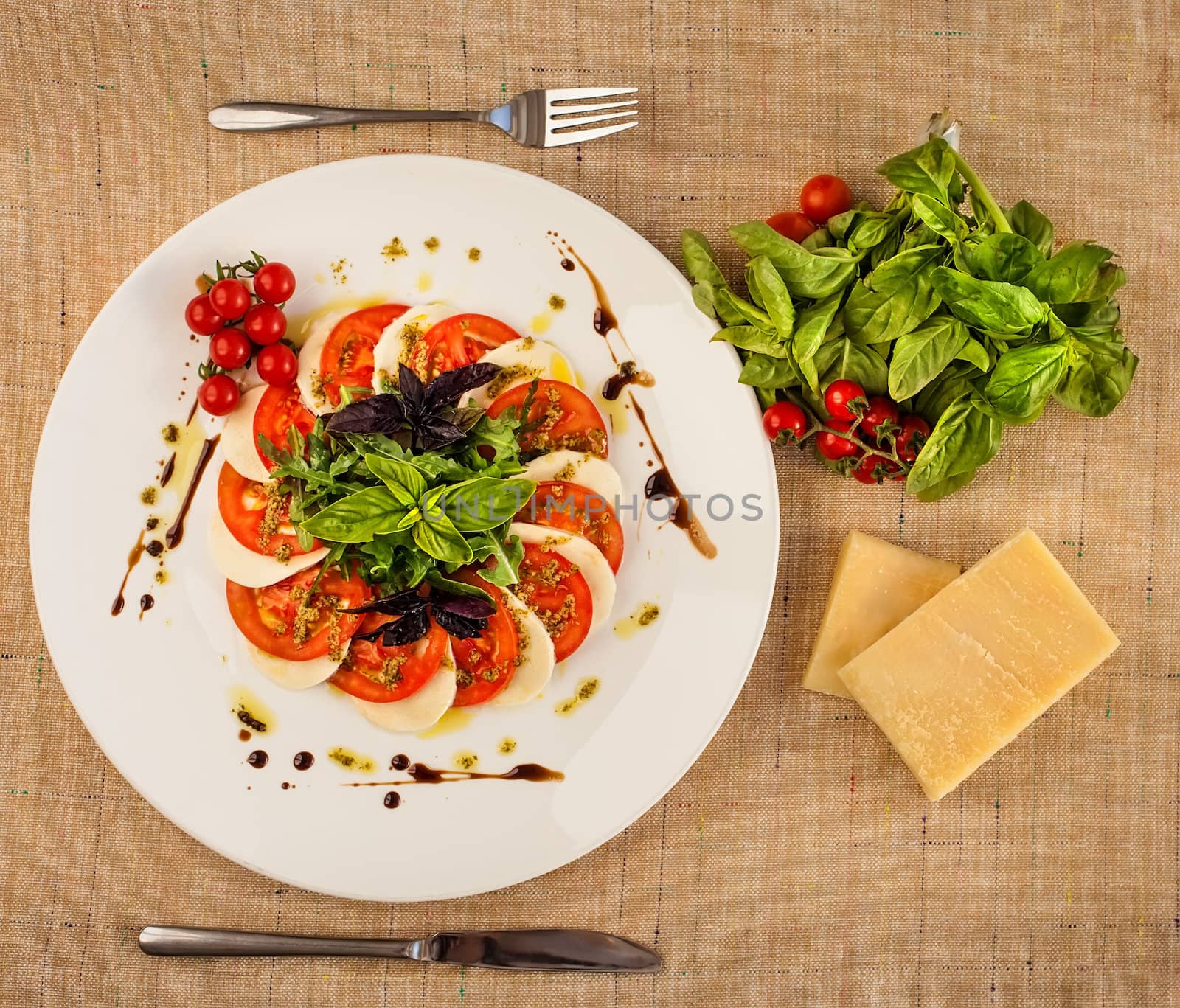 Delicious fresh Caprese Salad on a white dish