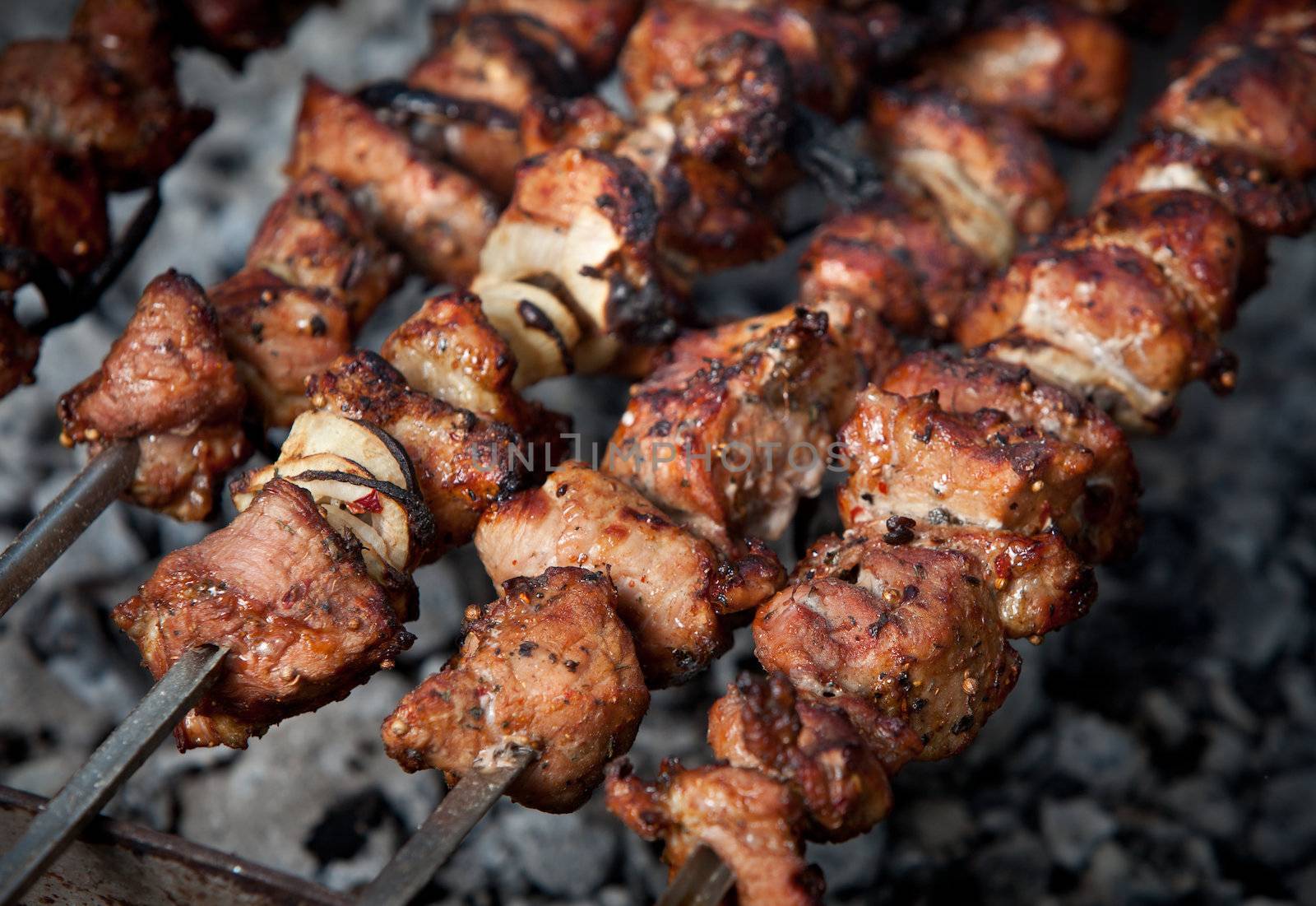 Juicy roasted kebabs on the BBQ