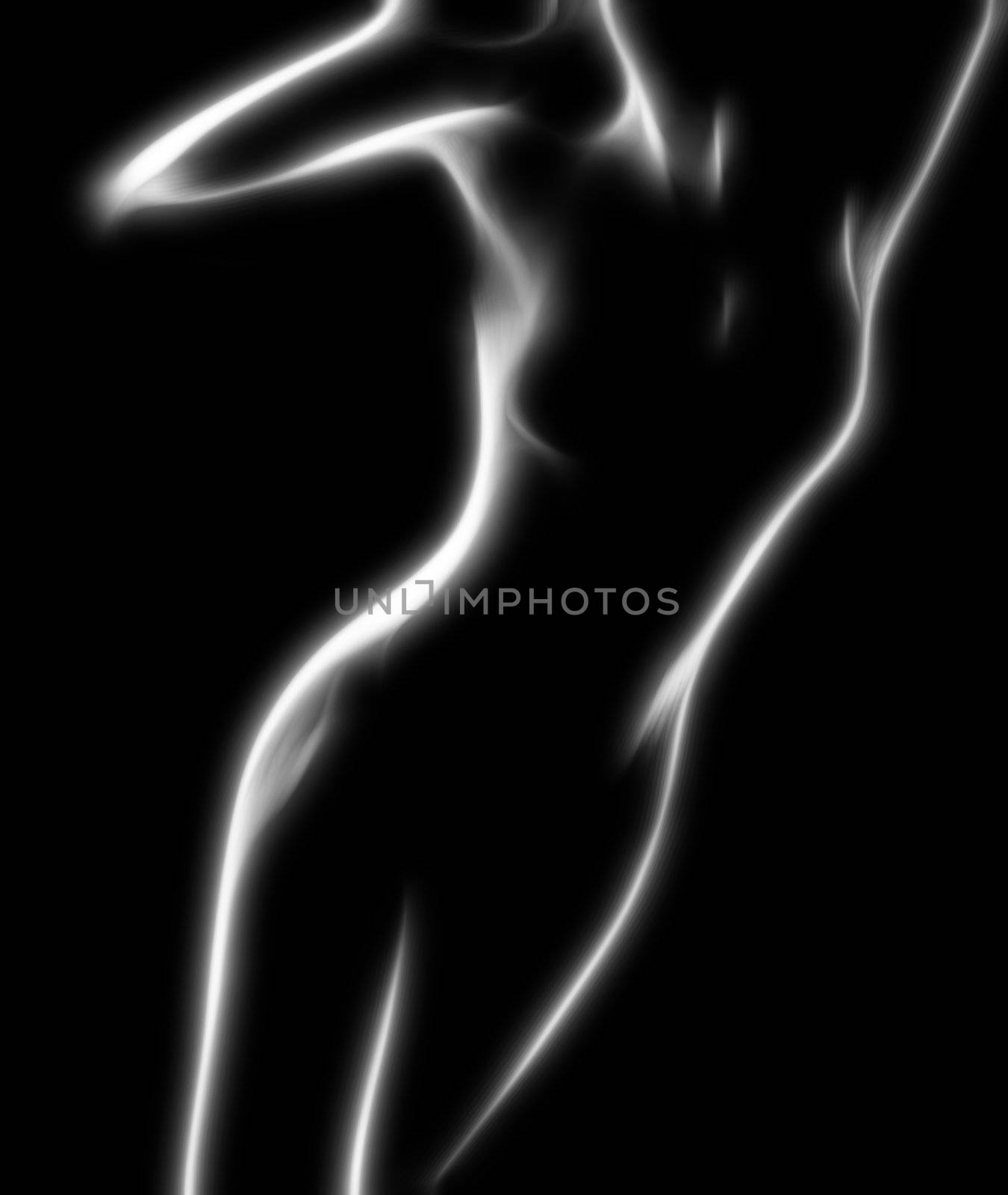 Naked woman painted by soft glowing lines