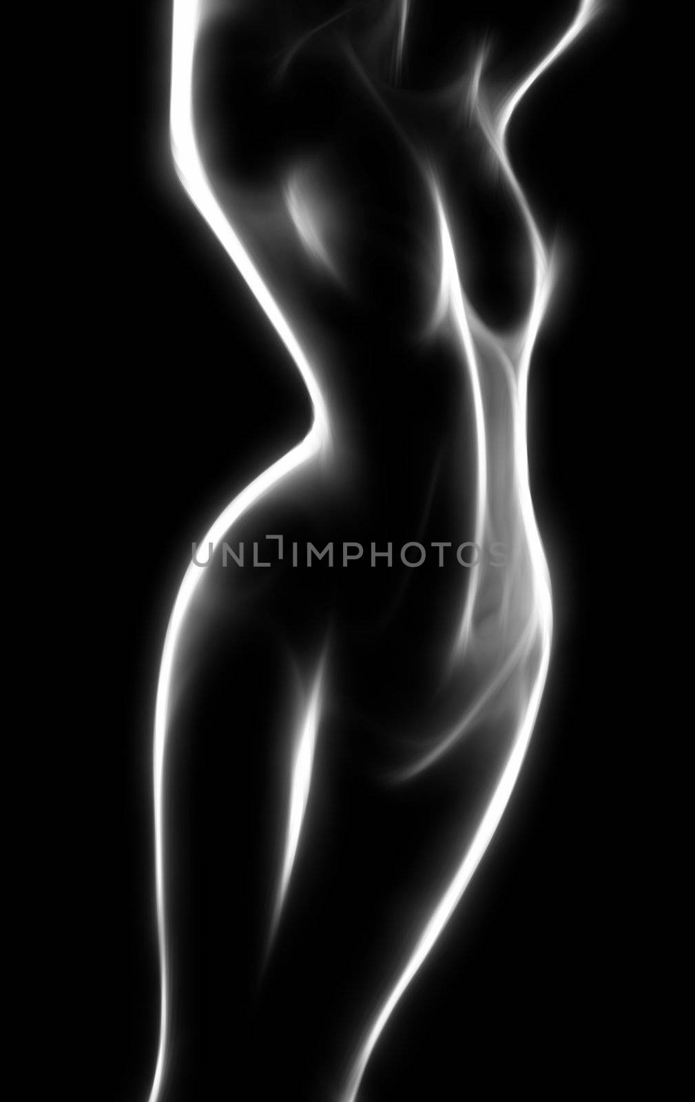 Naked woman painted by soft glowing lines