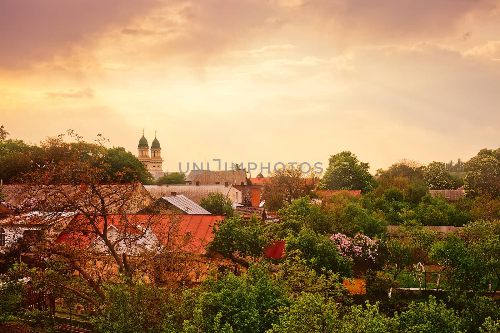 Uzhgorod spring cityscape in sunset time