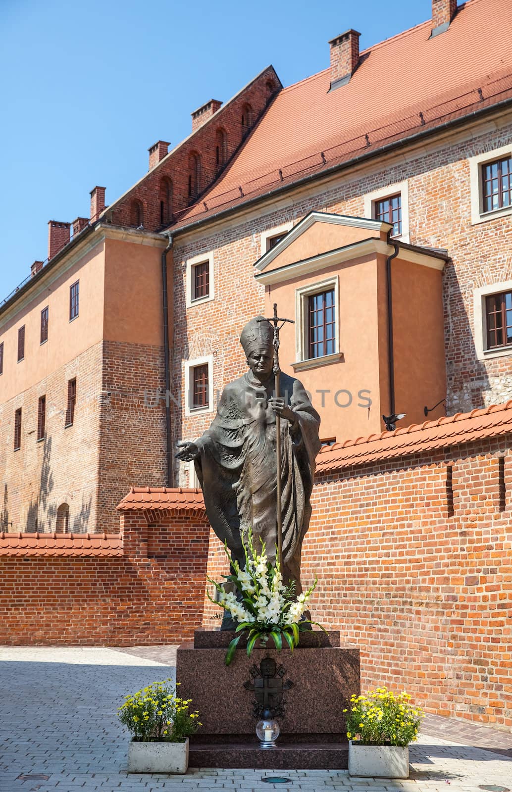 Statue of Pope John Paul II ( Blessed John Paul or John Paul the Great, Papa Giovanni Paolo II, Karol Jozef Wojtyla ) on Wawel in Krakow, Malopolska, Poland, Europe