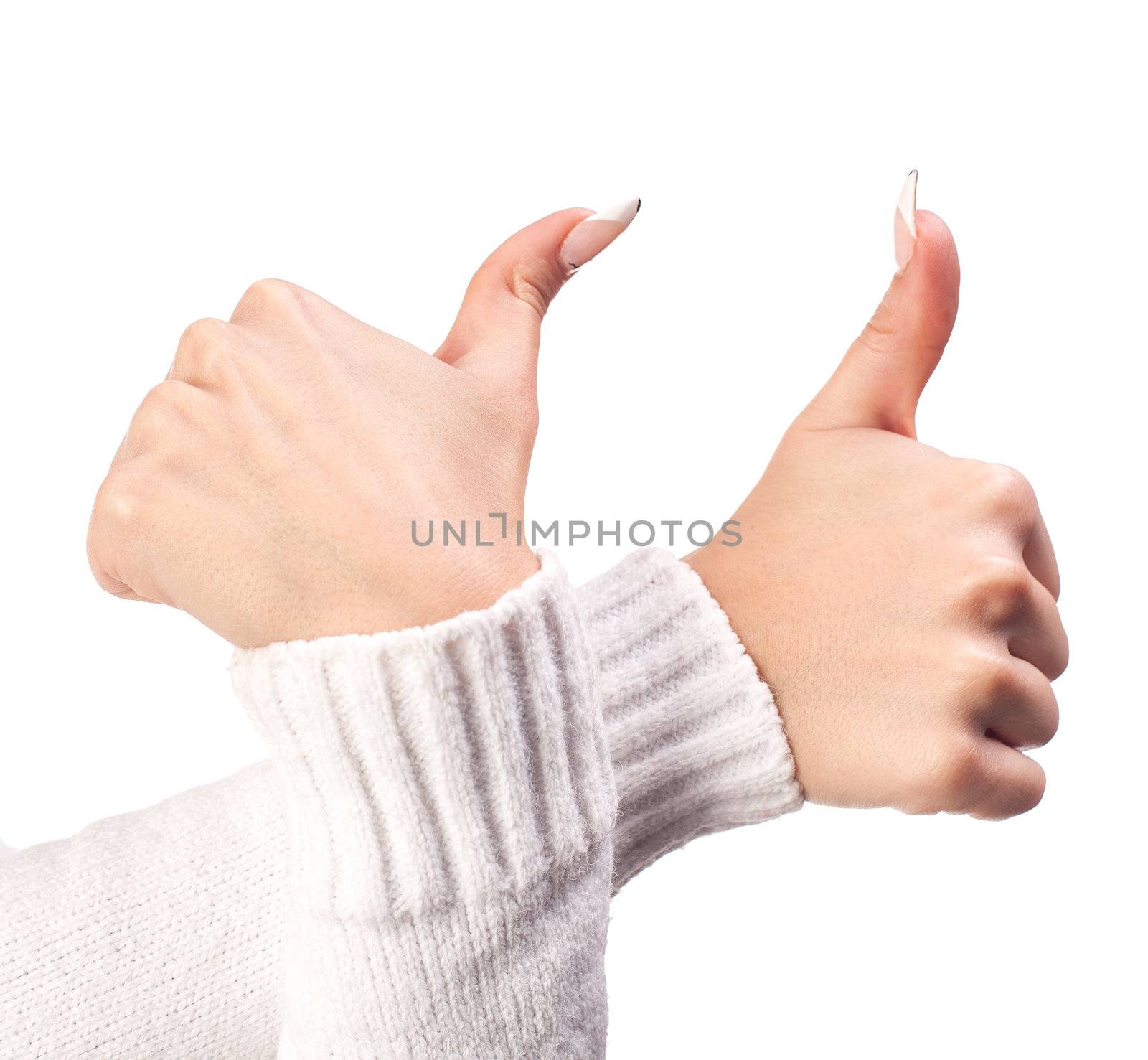 Body part, two tumbs up over white background