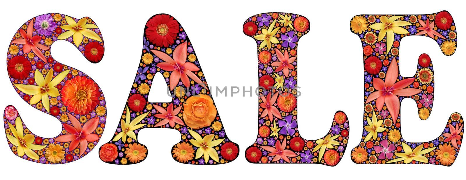 Word sale written by font painted with flowers isolated on white