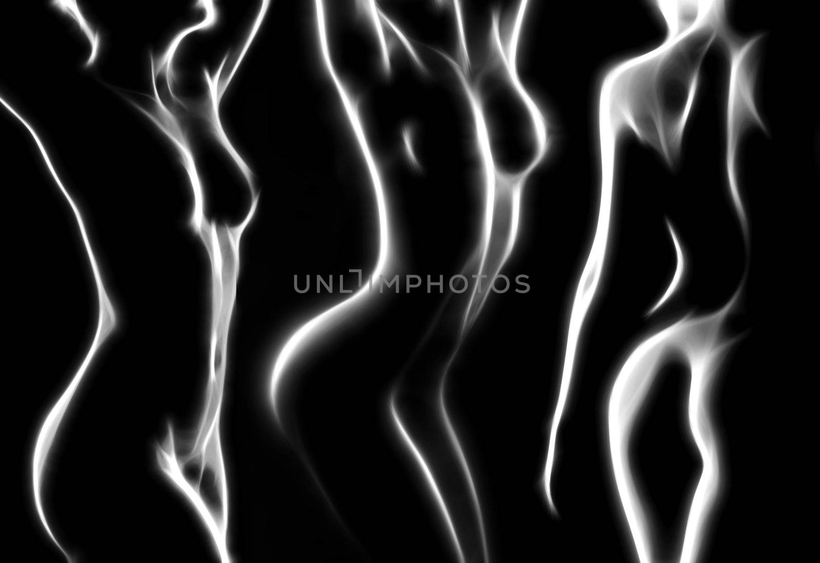 Naked woman painted by soft glowing lines