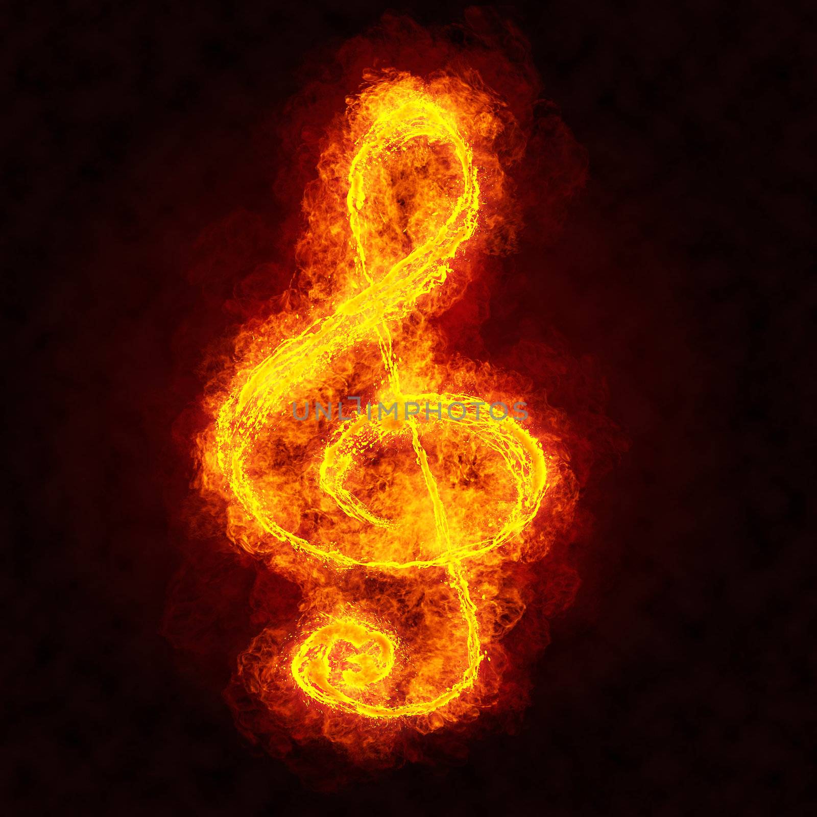 Fire treble clef.  Flame musical note symbol on black background