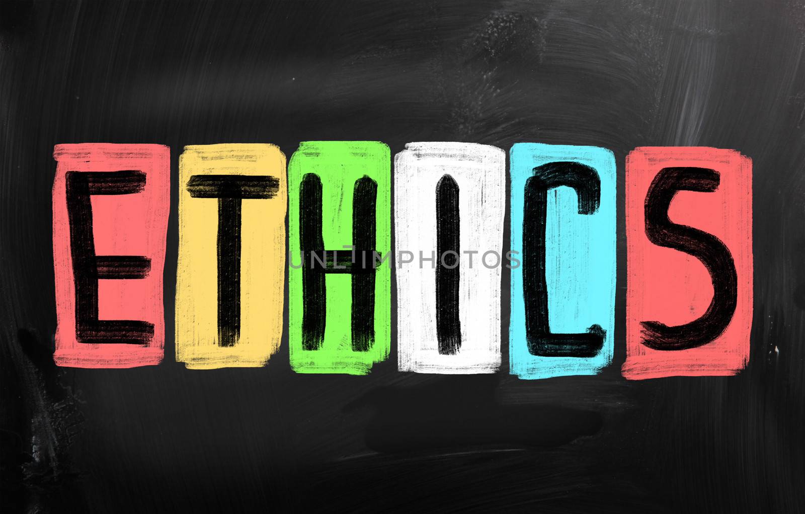 "Ethics" handwritten with chalk on a blackboard