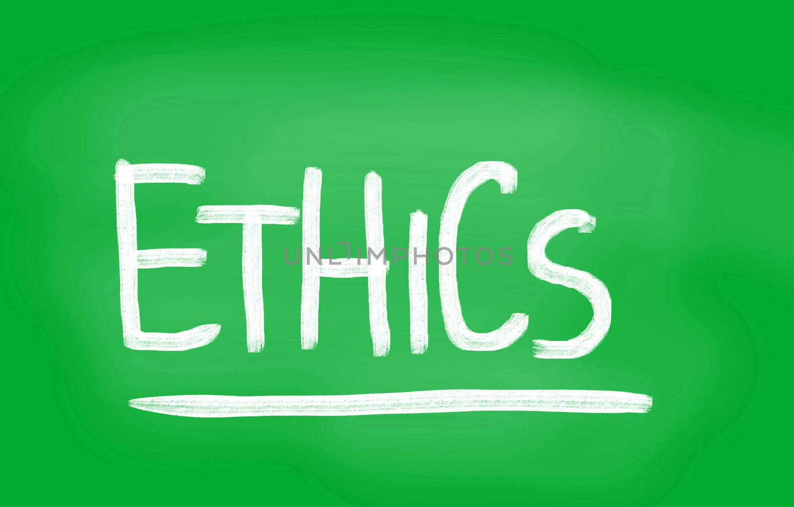 "Ethics" handwritten with white chalk on a blackboard