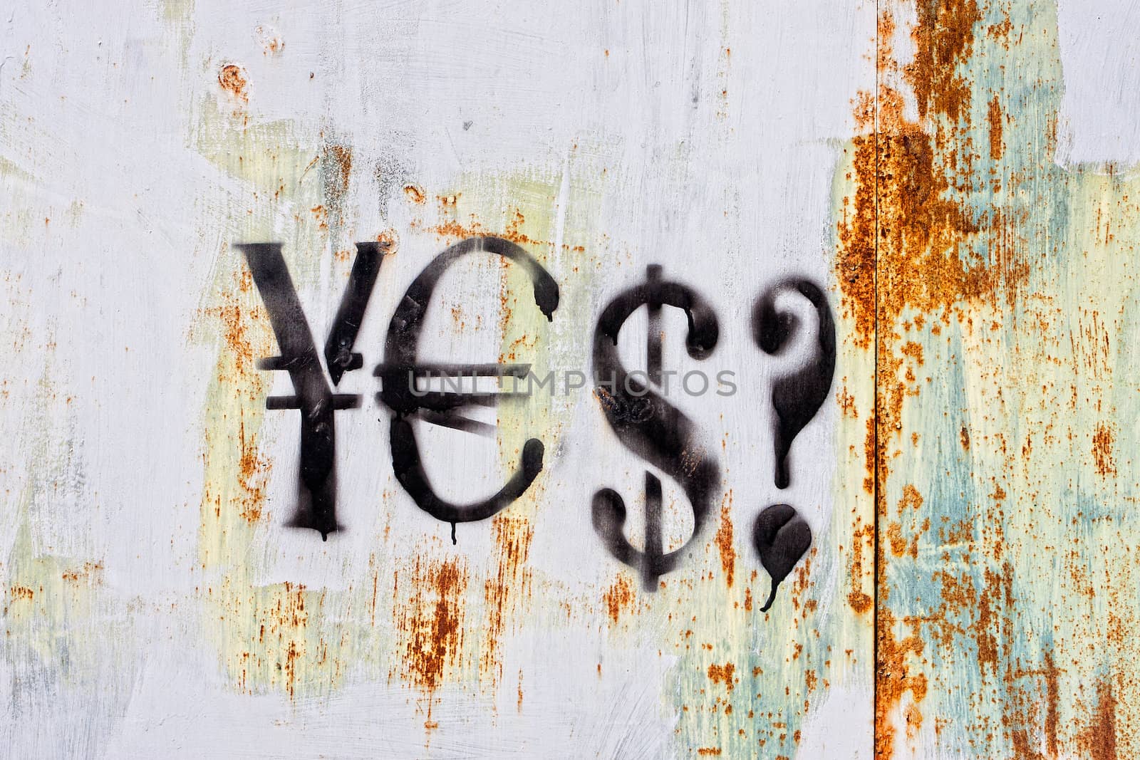 Wall with texture and currency dollar, euro and yen signs graffiti with qustion mark on it