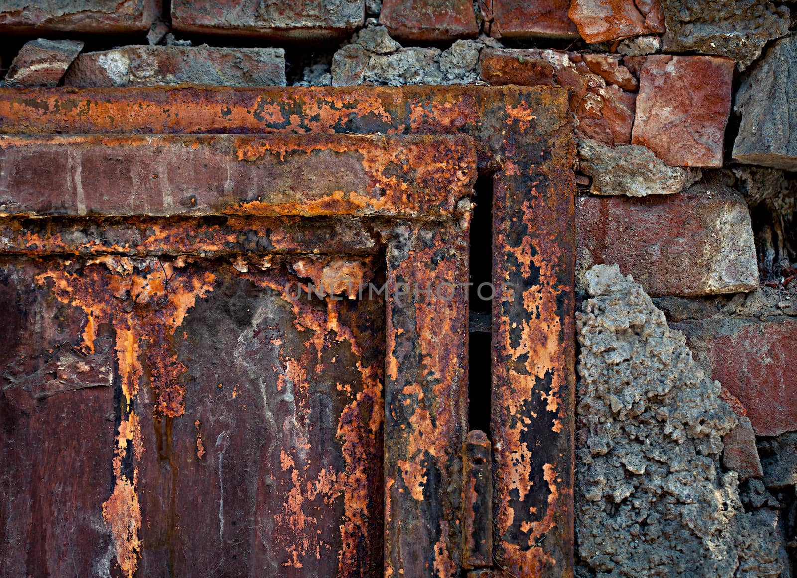 Old rusty door and brick wall