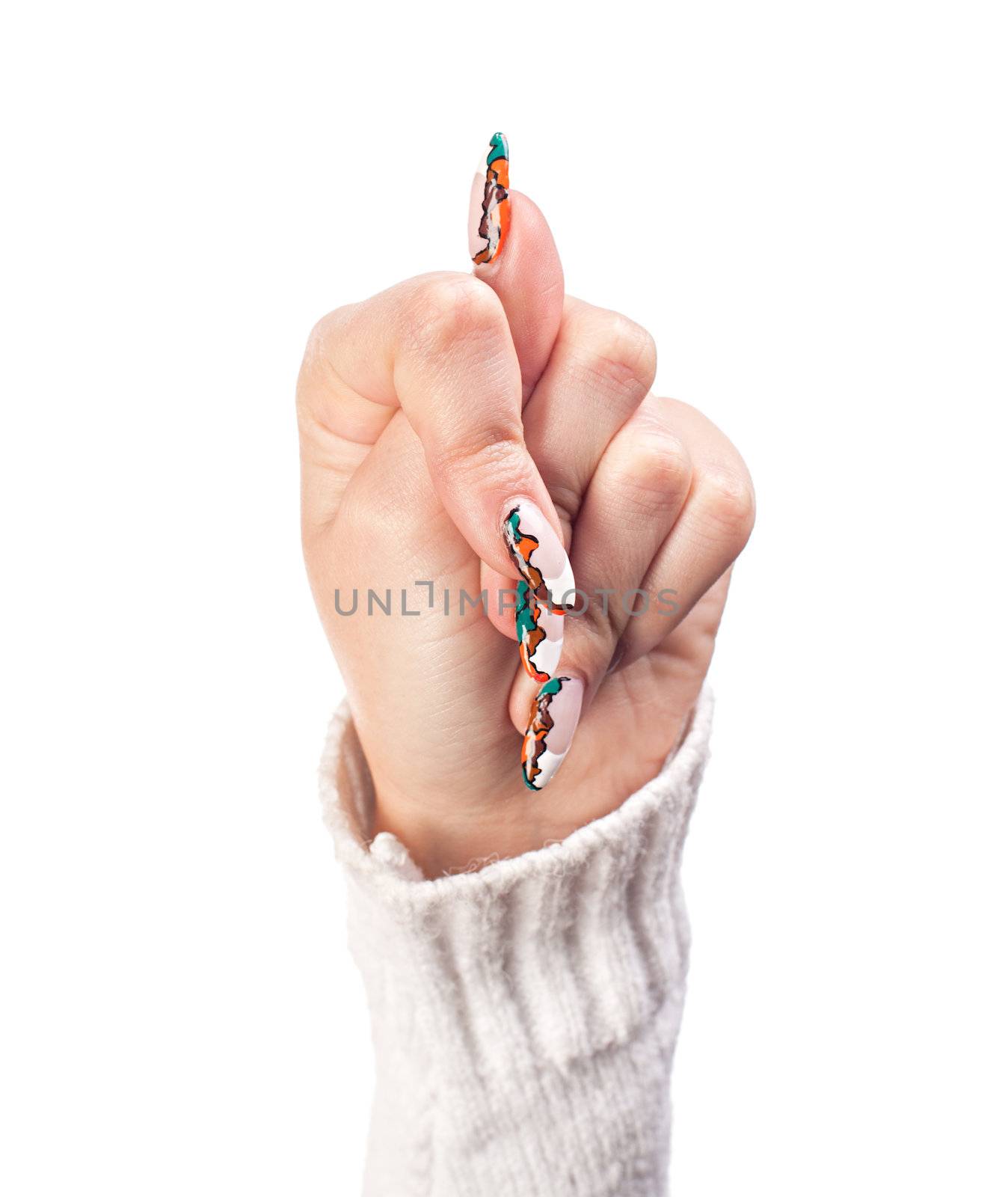 Woman hand show the fig isolated white background
