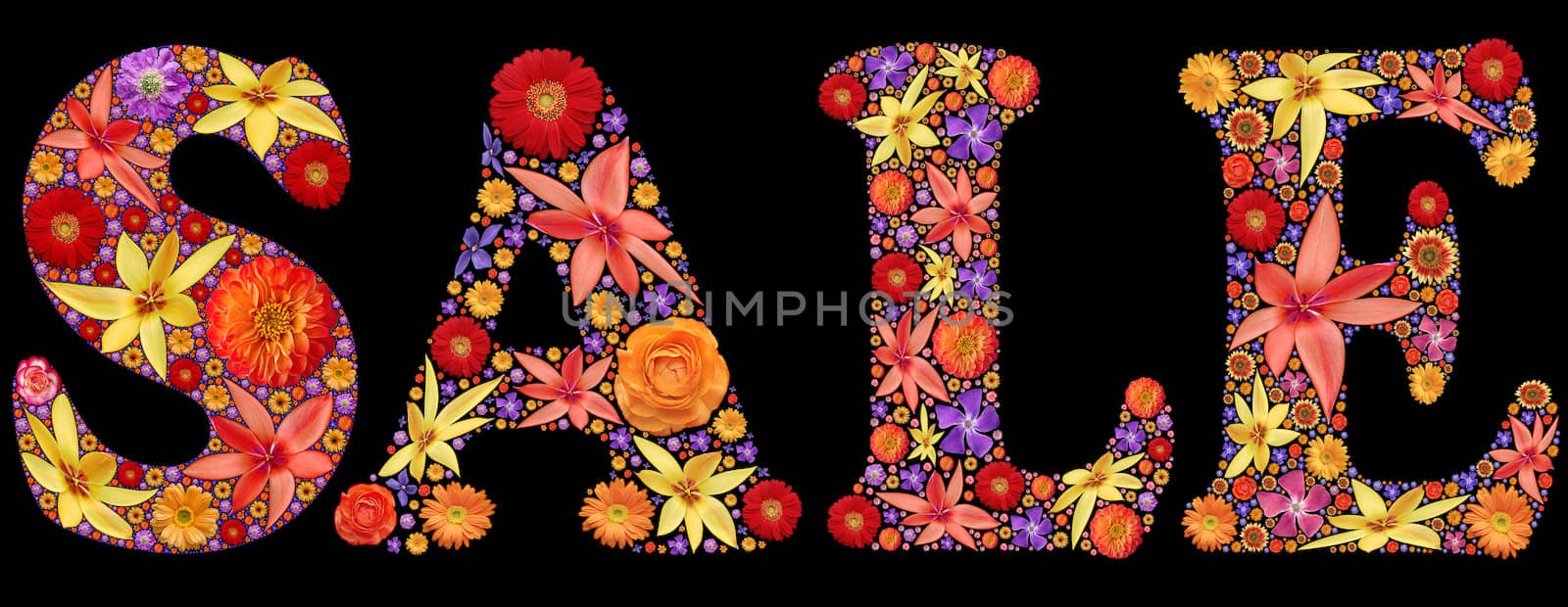 Word sale written by font painted with flowers isolated on black