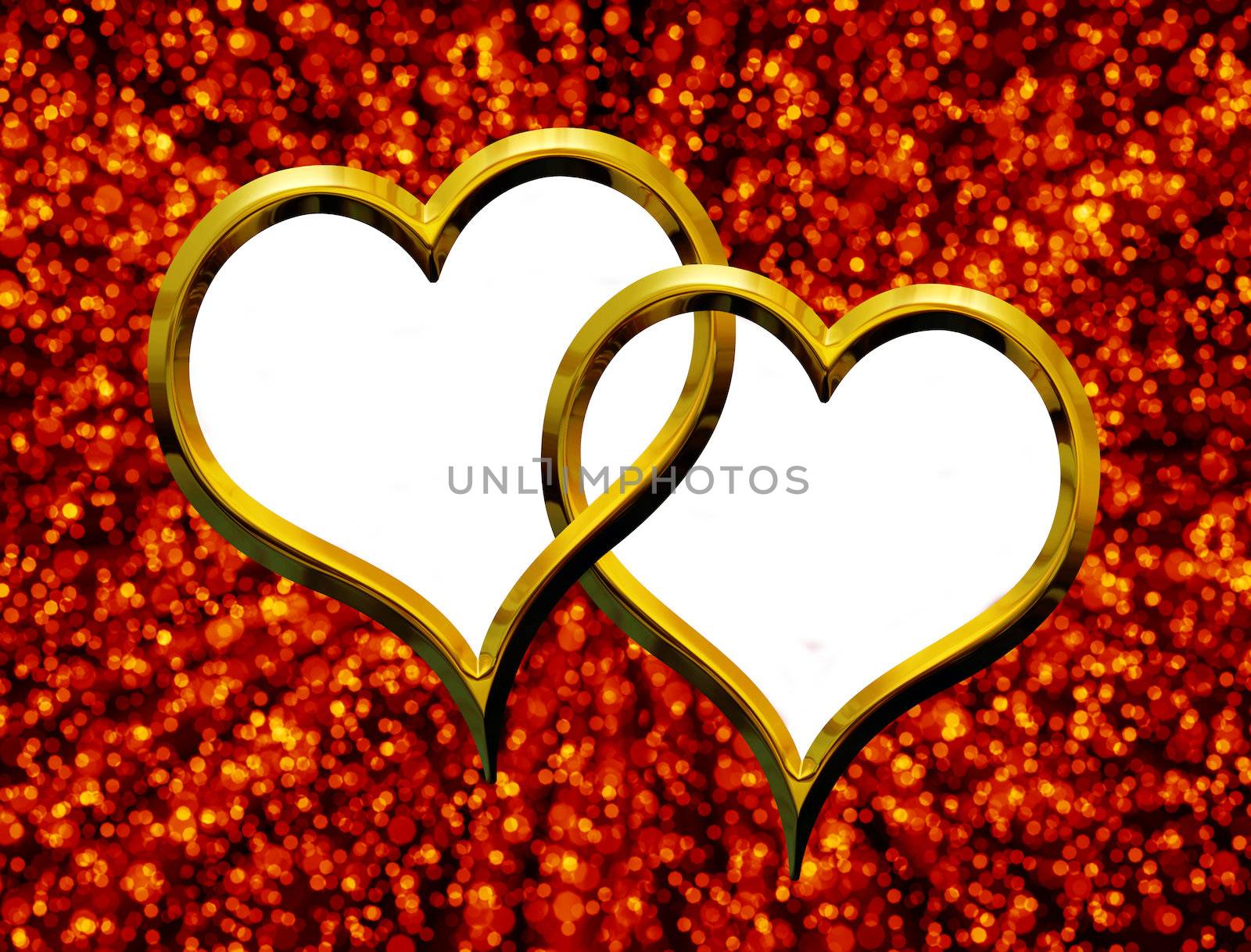 Valentines day background. Two  golden heart on abstract bokeh background with copy-space
