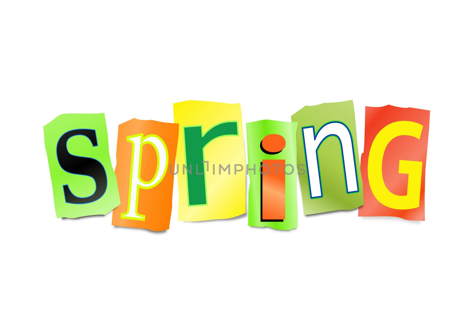 Illustration depicting a set of cut out letters formed to arrange the word Spring.