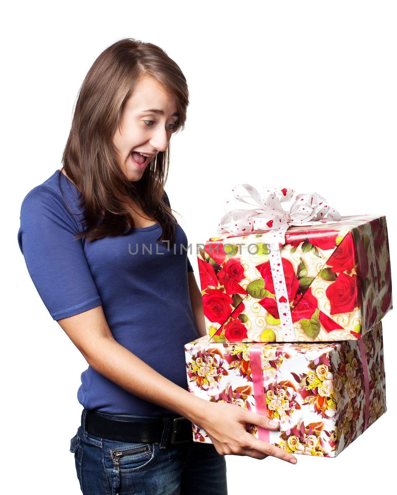 happy young woman holding a gift box