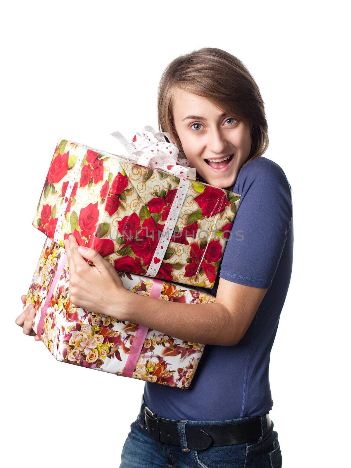 happy young woman holding a gift box