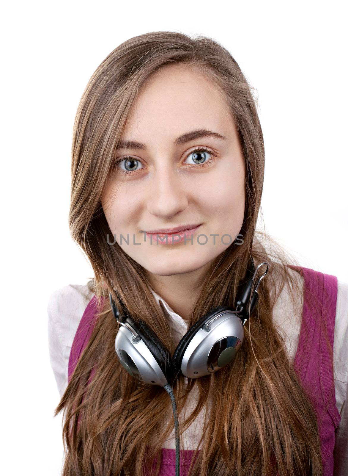 Girl with headphones isolated on white background
