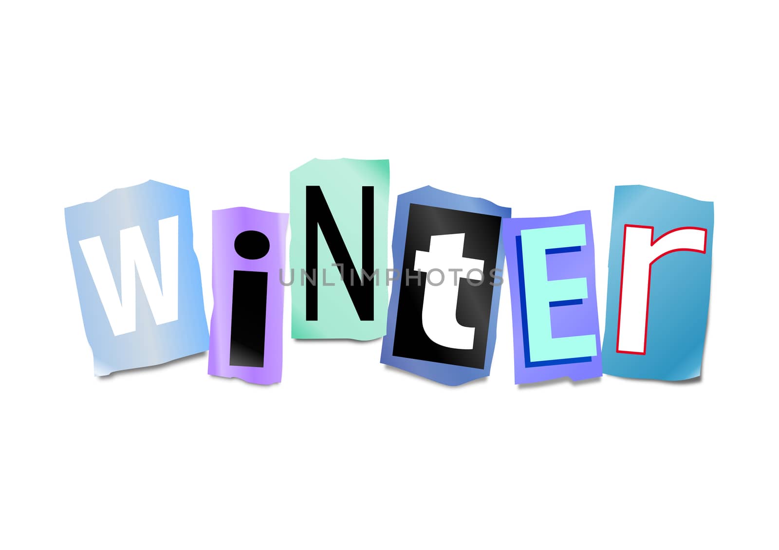 Illustration depicting a set of cut out letters formed to arrange the word Winter.