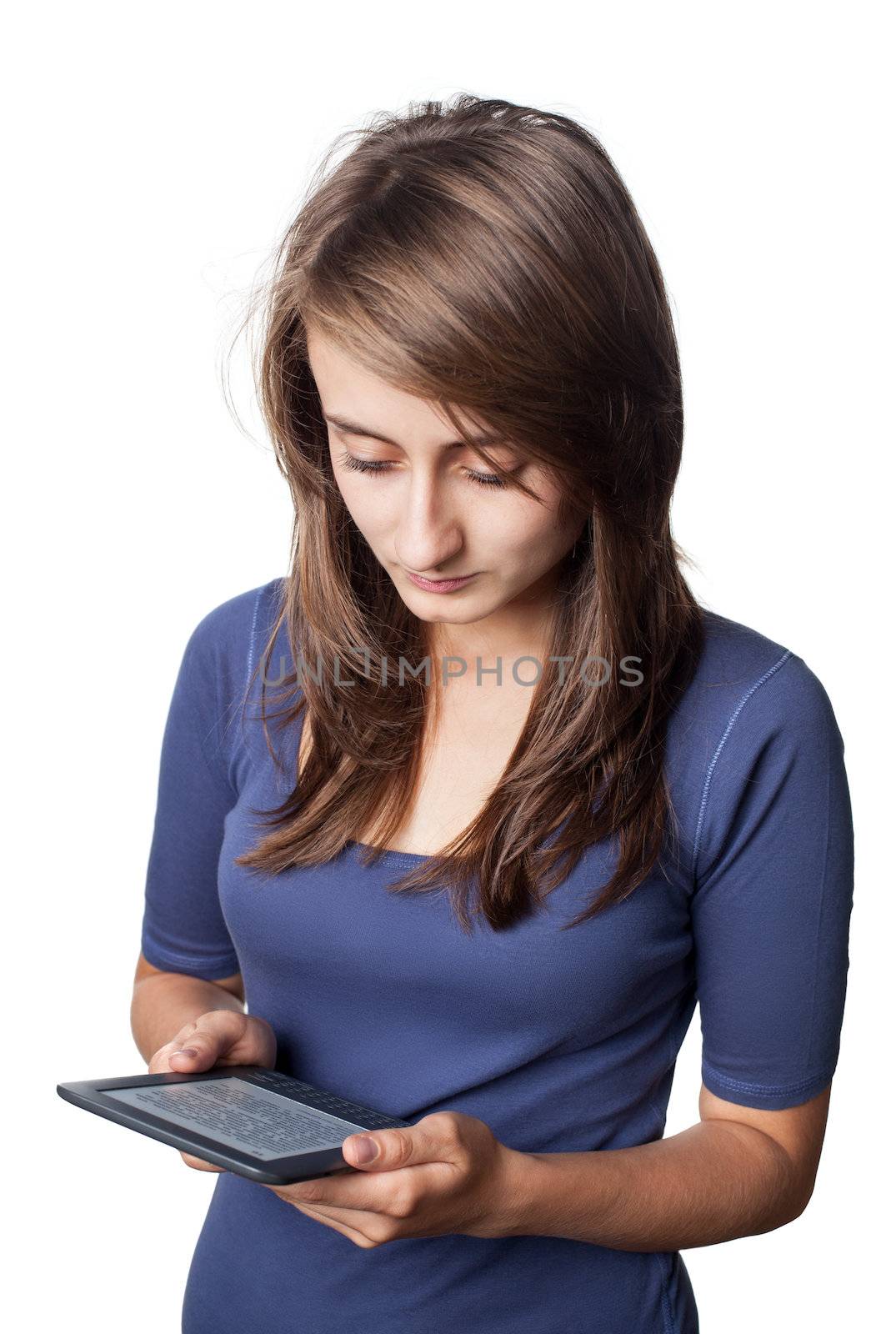 Young woman reading e-book device isolated on white