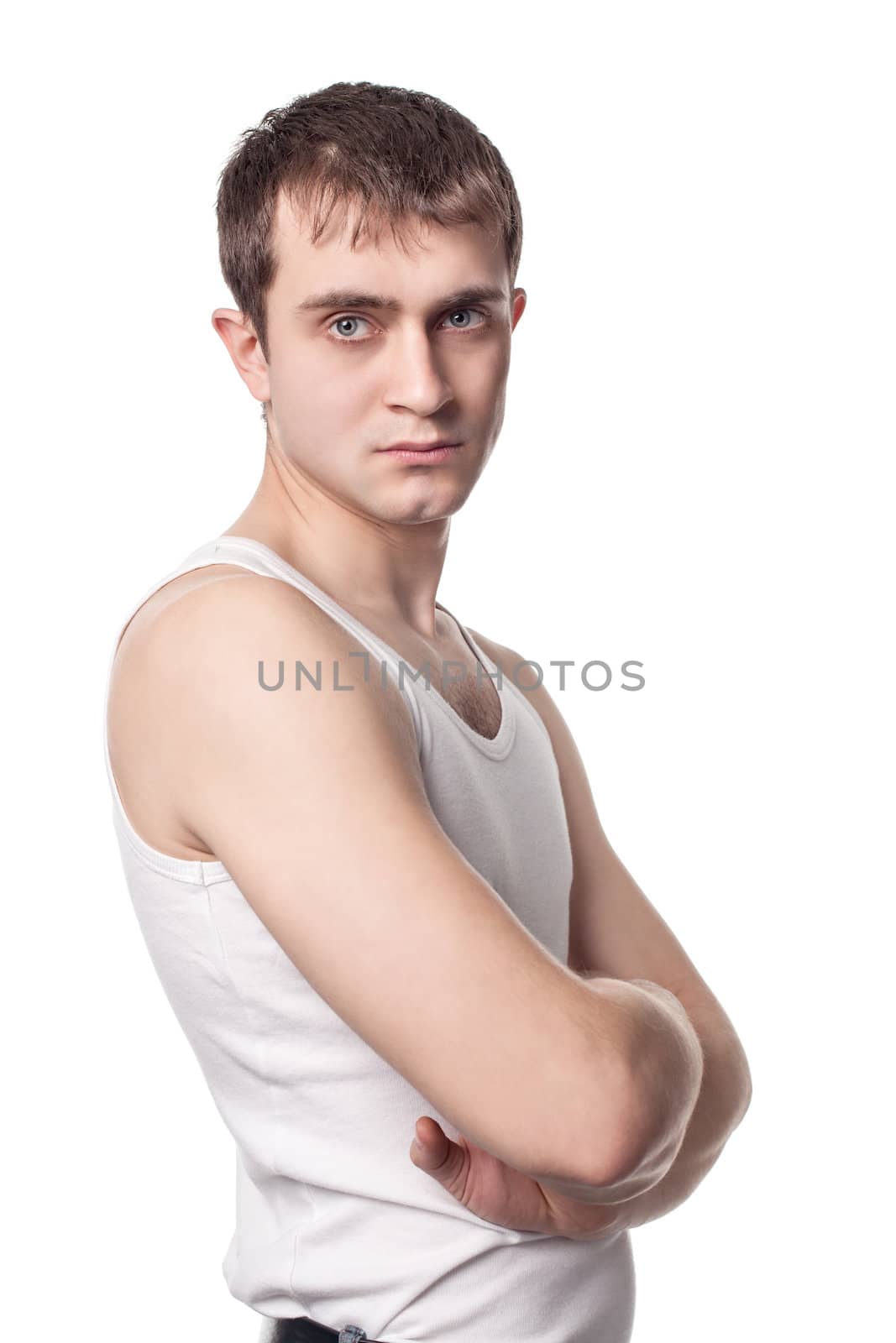 Portrait of the young beautiful man in white t-shirt isolated on white