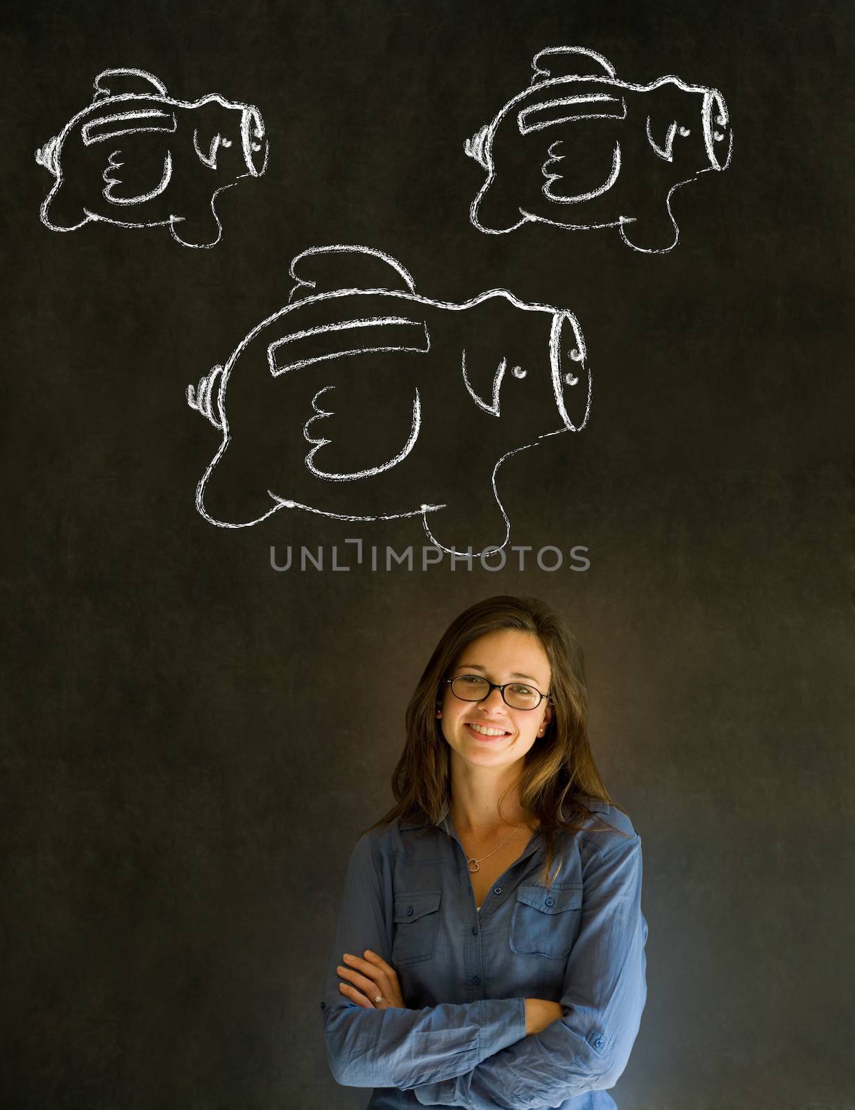 Businesswoman, student or teacher with chalk piggie banks  concept blackboard background