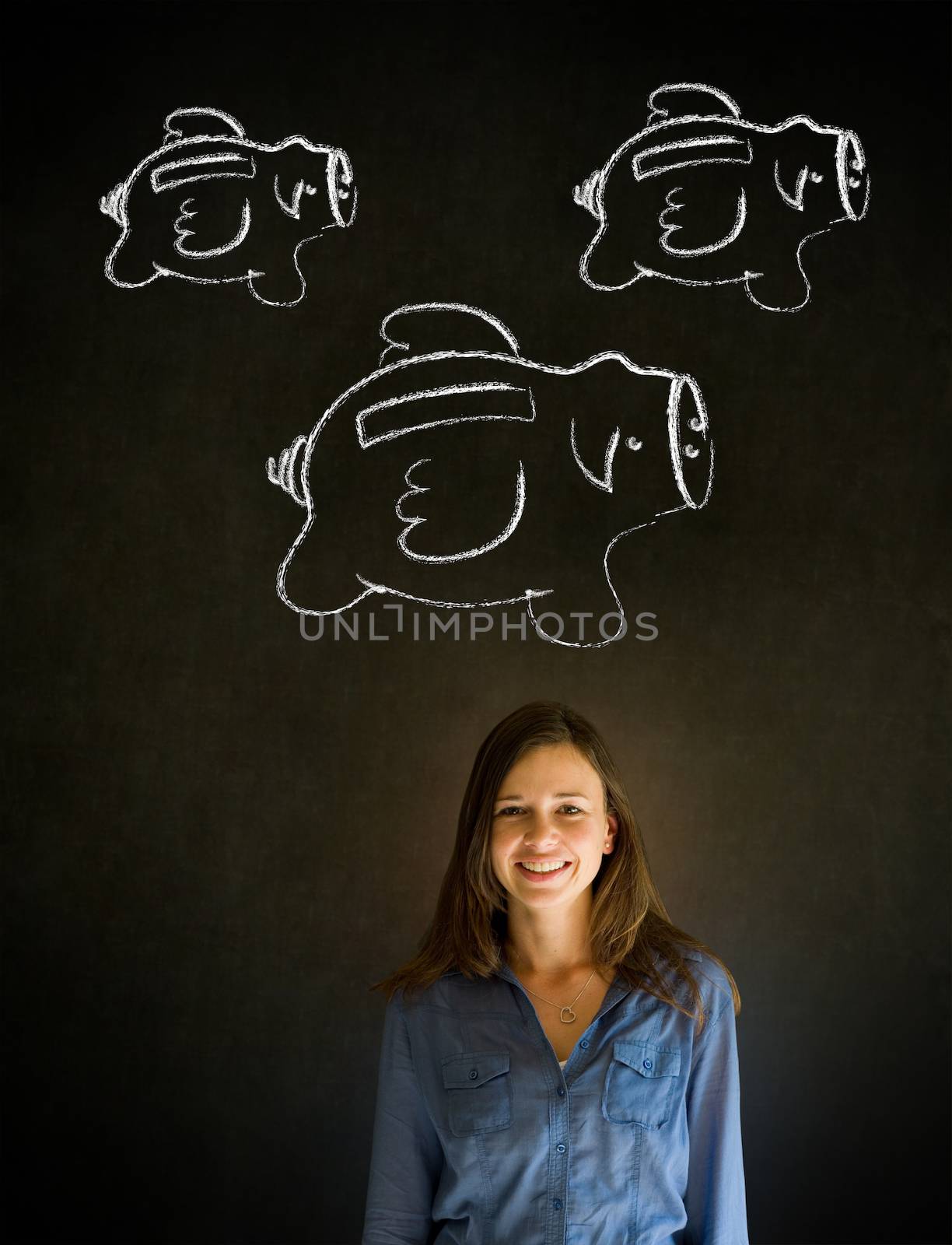 Businesswoman, student or teacher with chalk piggie banks  concept blackboard background