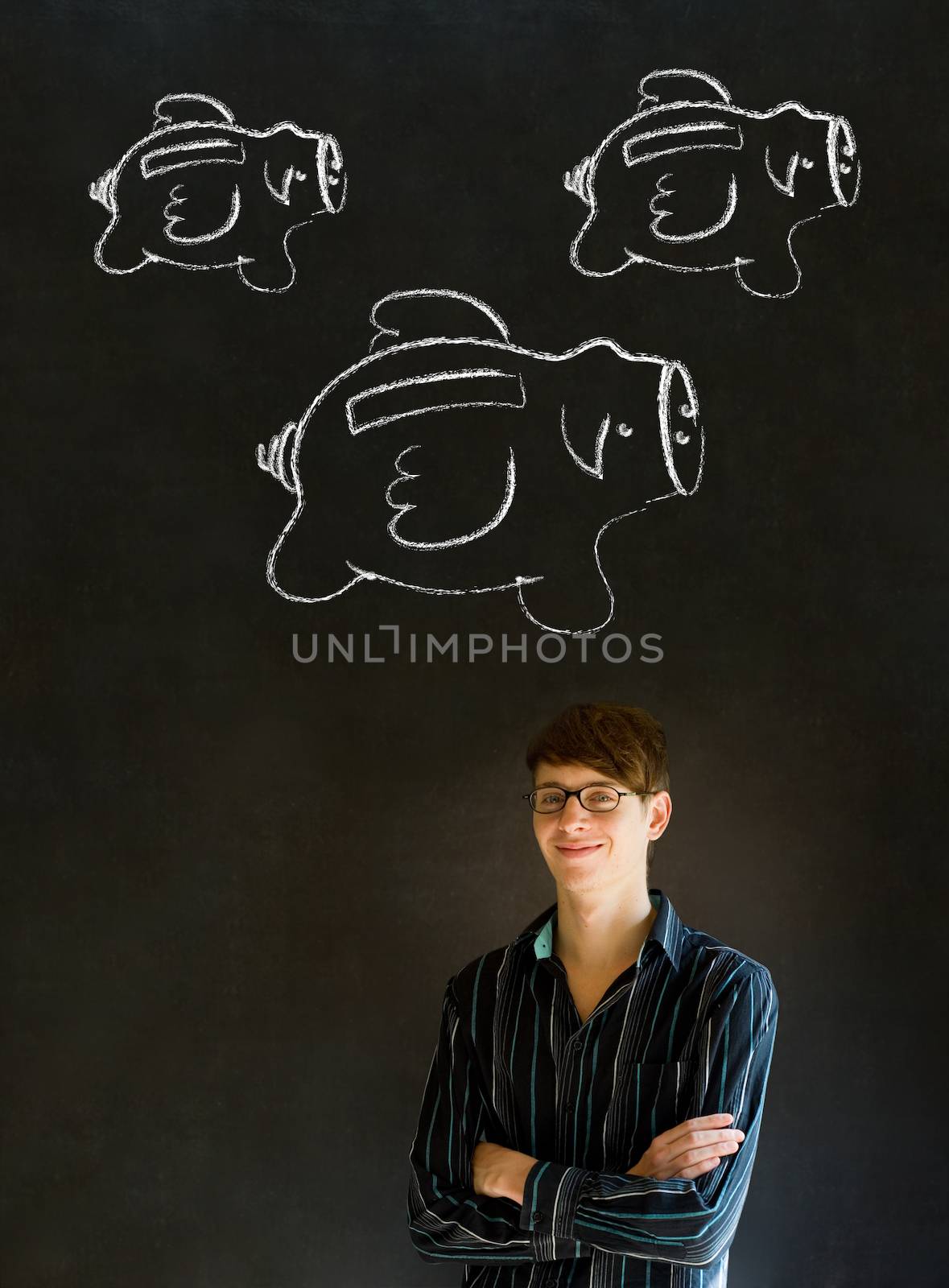 Businessman, student or teacher with chalk piggie banks  concept blackboard background