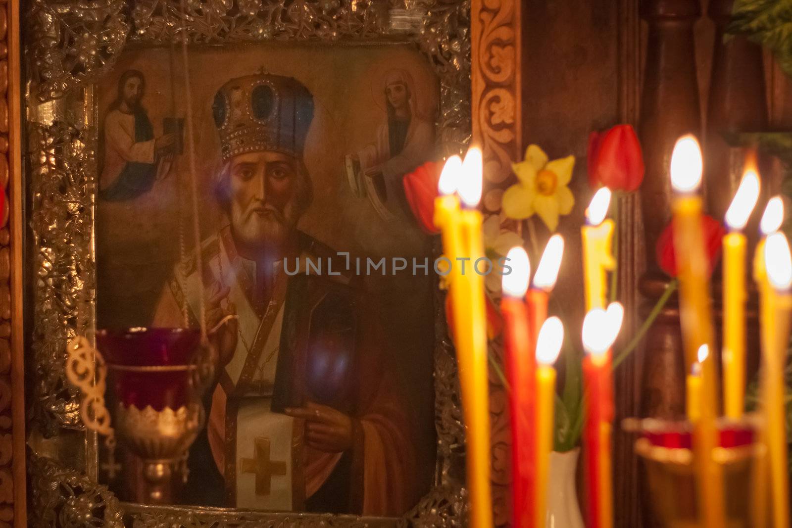 GOMEL - MAY 4: Interior Of Belarusian Orthodox Church. Candles Under The Ancient Icon Framed With The Gold On May 4, 2013 In Gomel, Belarus