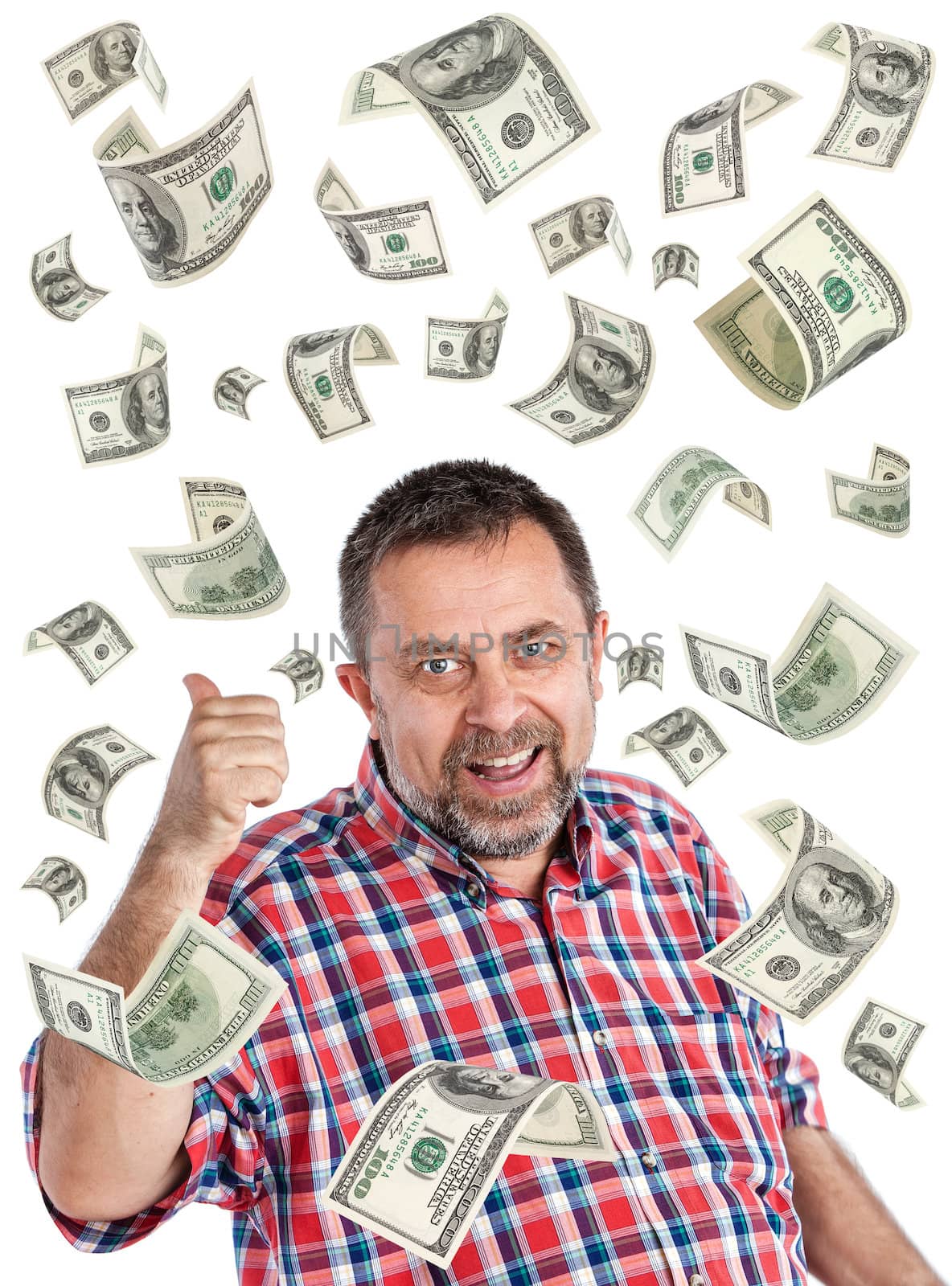 Happy businessman and a rain of 100 dollar bills