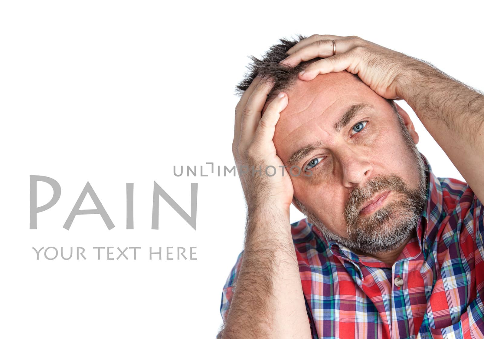 Pain. Portrait of an middle age man suffering from a headache with copyspace