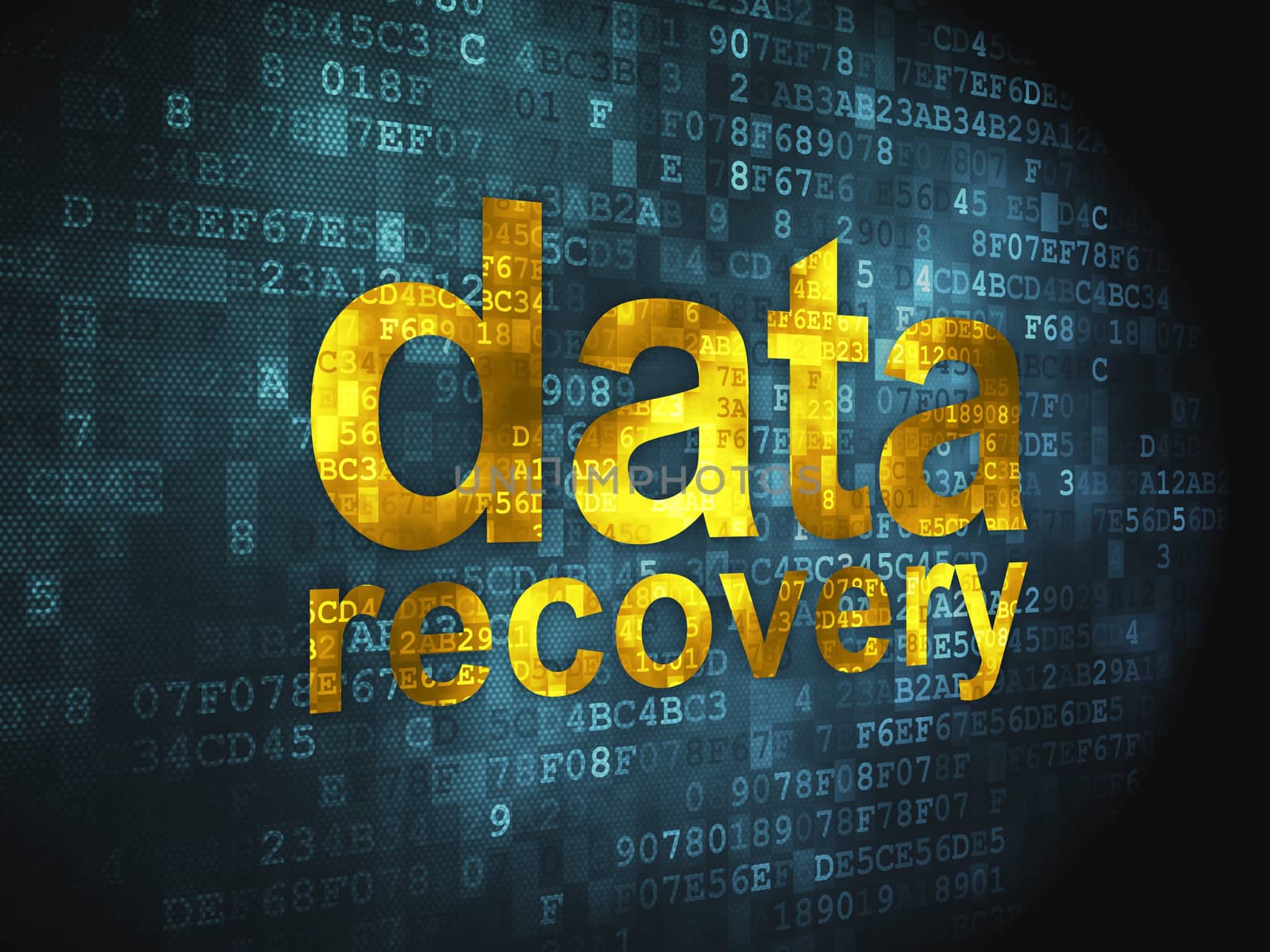 Information concept: pixelated words Data Recovery on digital background, 3d render