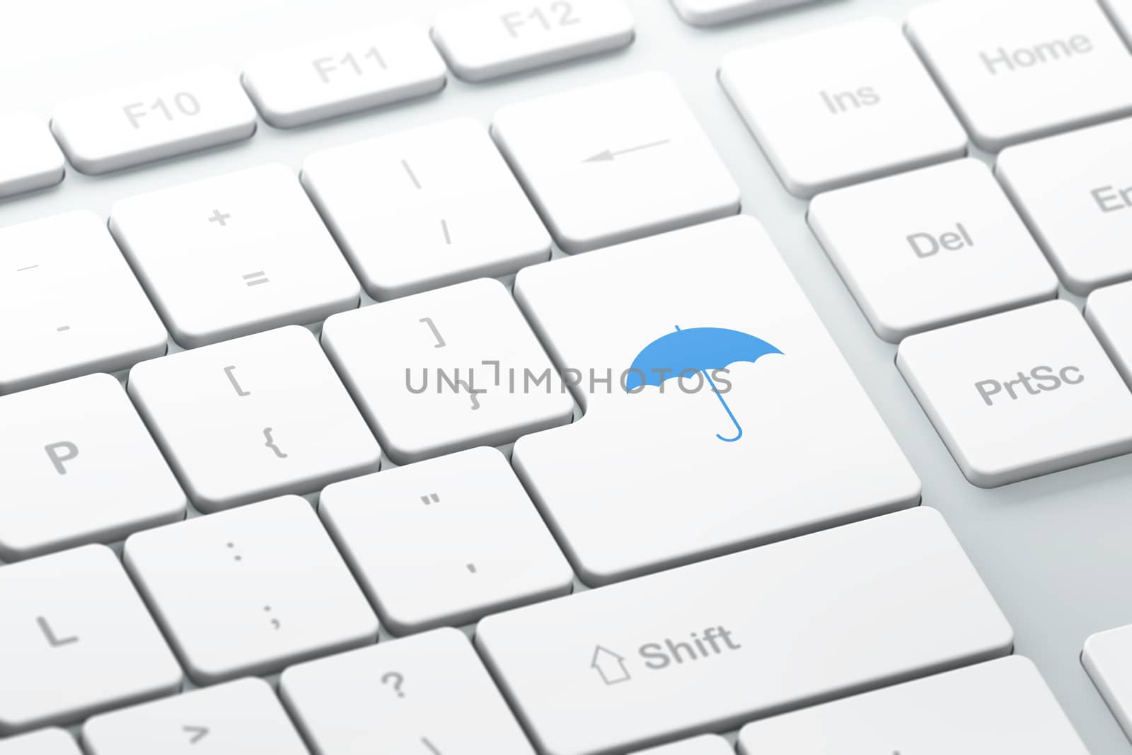 Safety concept: enter button with Umbrella on computer keyboard, 3d render, selected focus