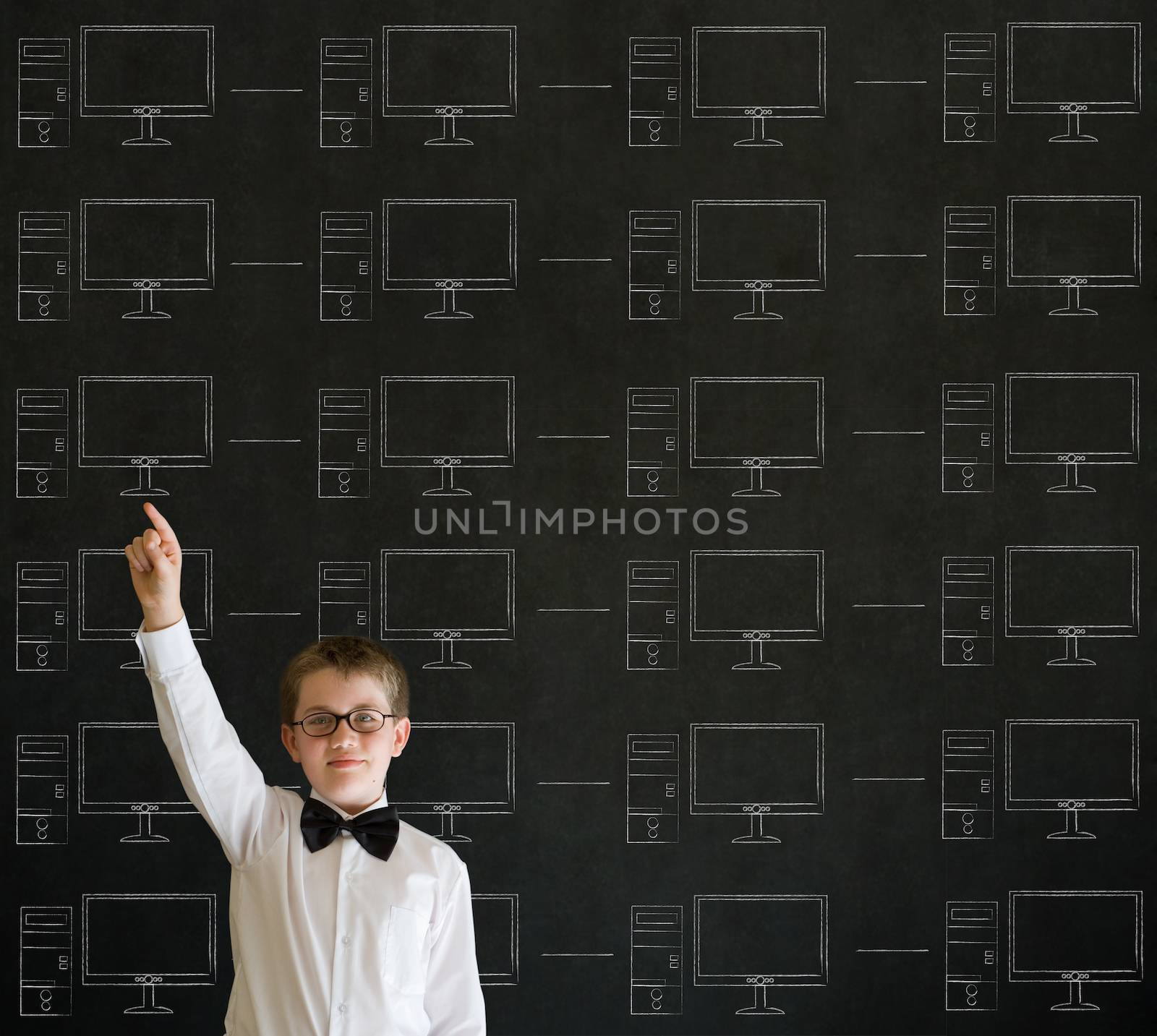 Hand up boy with chalk networks on blackboard background