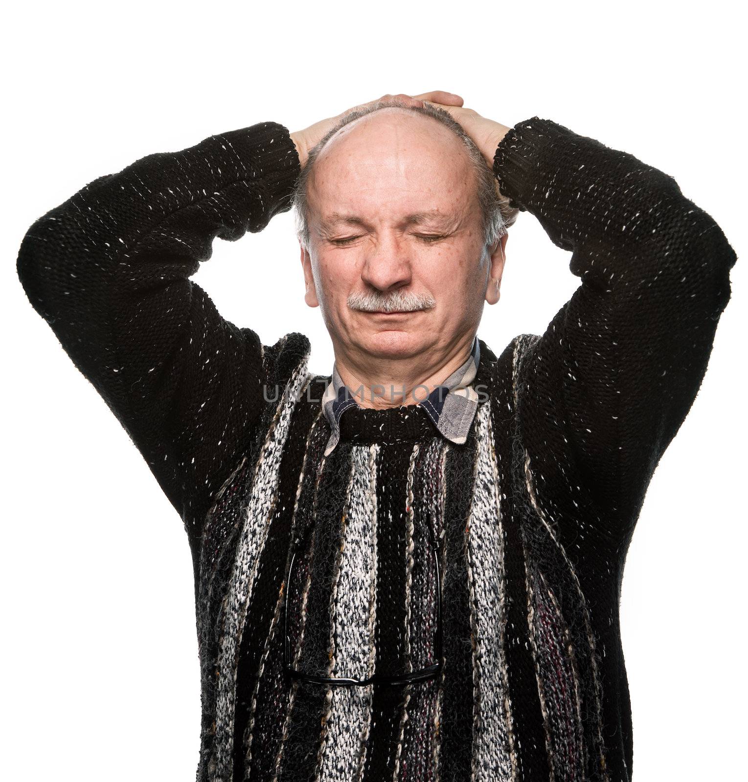  Depression. Elderly man suffering from a headache. Isolated on white