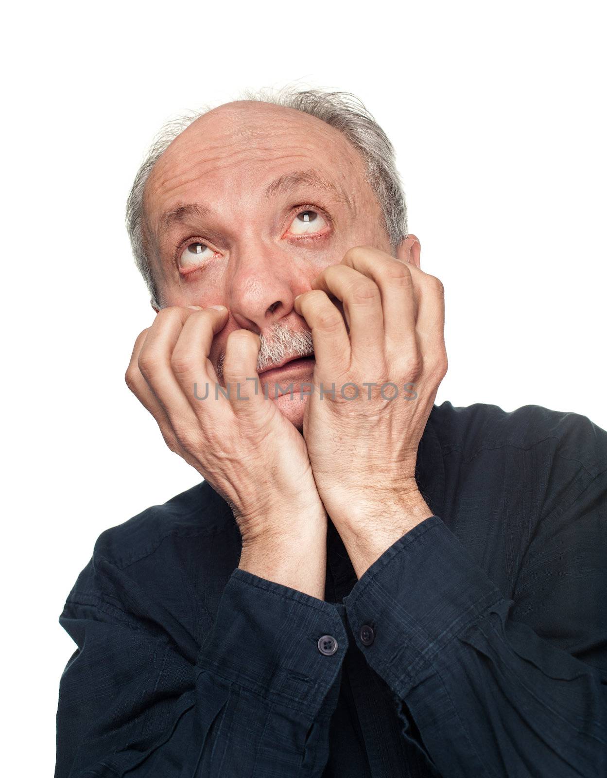 Stress concept - grimace of pain isolated on white