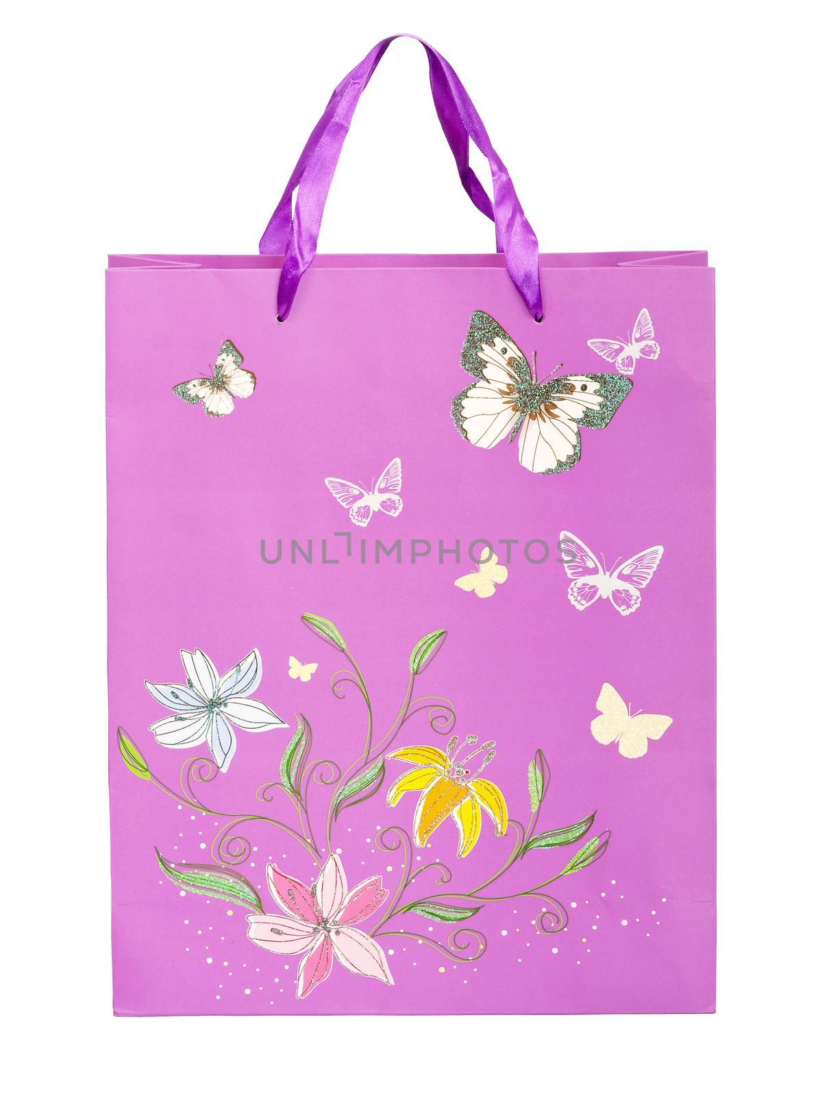 pink shopping bag with flowers and butterflies