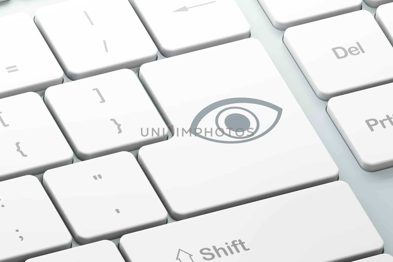 Protection concept: Enter button with Eye on computer keyboard, 3d render