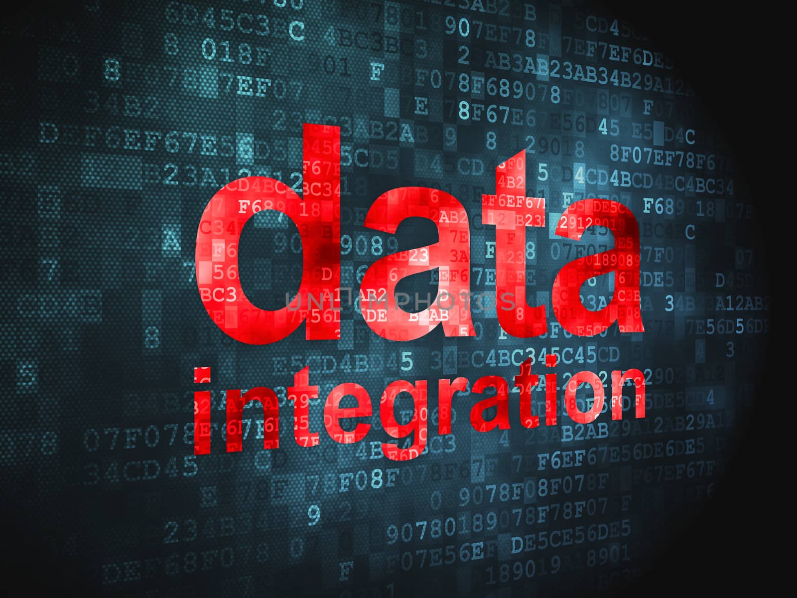 Information concept: pixelated words Data Integration on digital background, 3d render