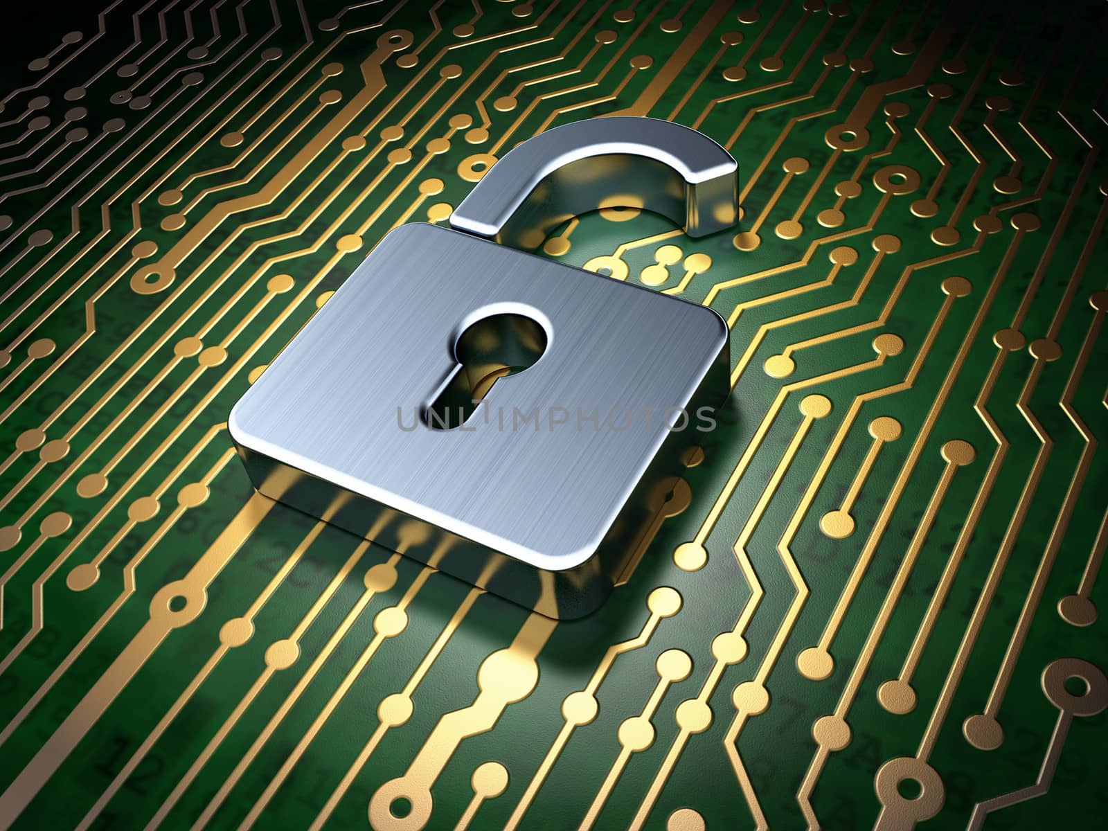 Privacy concept: circuit board with Opened Padlock icon, 3d render