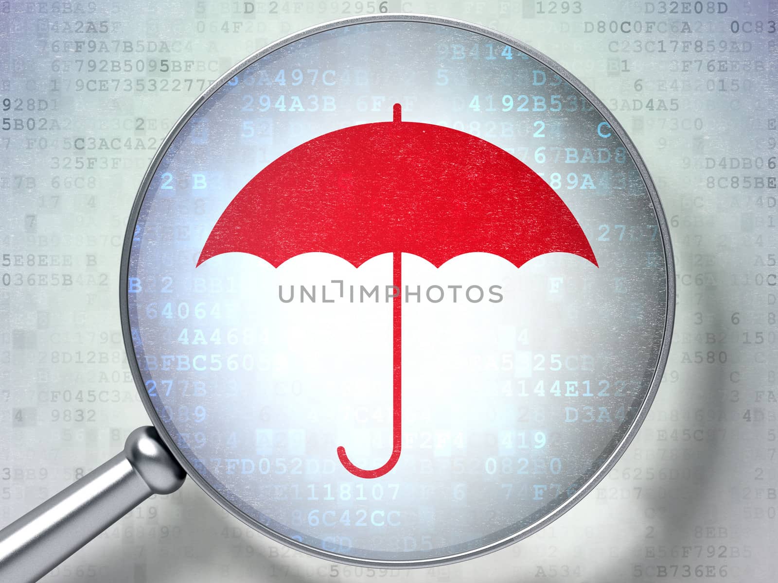 Magnifying optical glass with Umbrella icon on digital background, 3d render